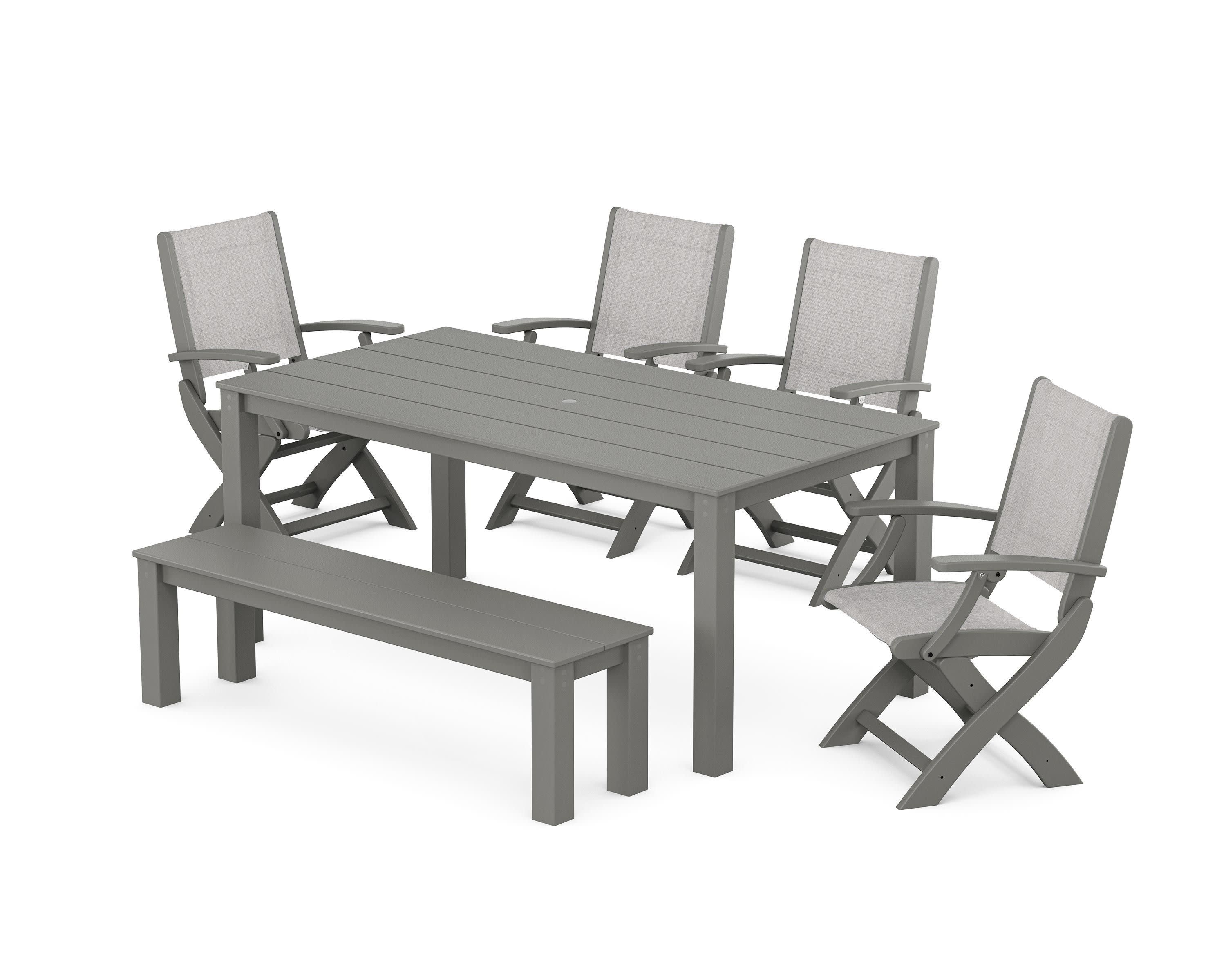 Coastal Folding Chair 6-Piece Parsons Dining Set with Bench in Green / Dupioni Apricot Sling