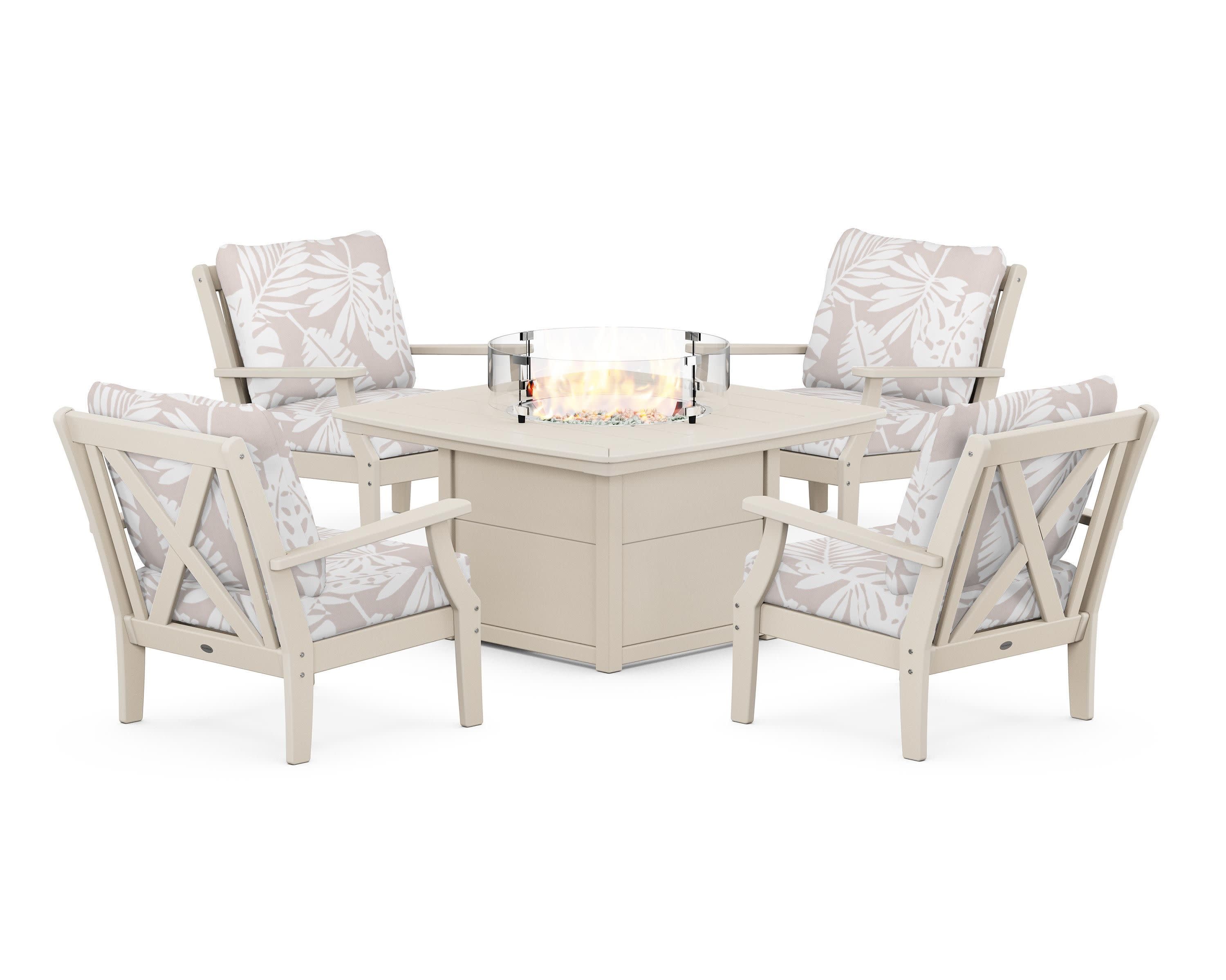 Braxton 5-Piece Deep Seating Conversation Set with Fire Pit Table in Sand / Leaf Dune Burlap
