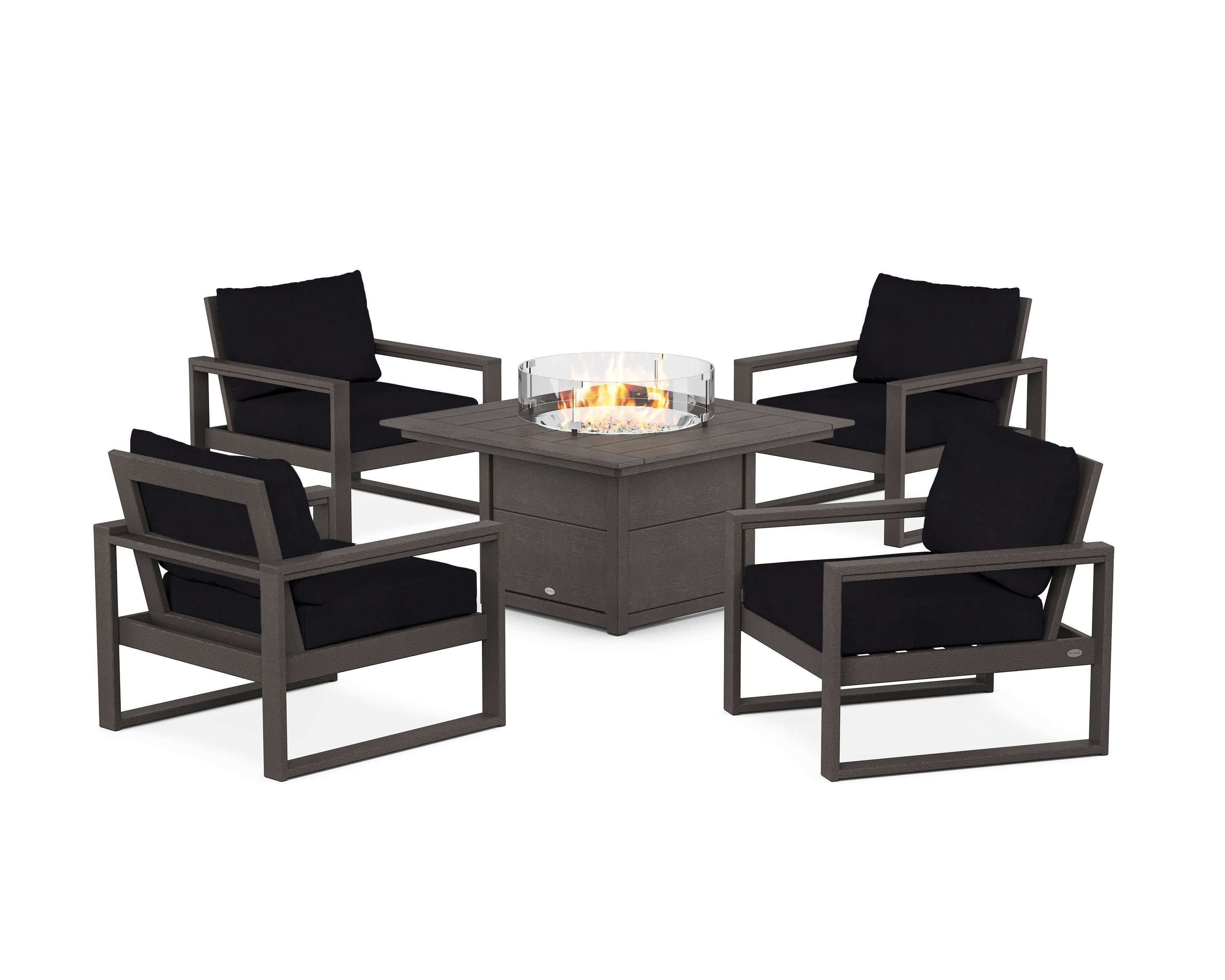 EDGE Sectional 5-Piece Deep Seating Set with Fire Pit Table in Vintage Coffee / Midnight Linen