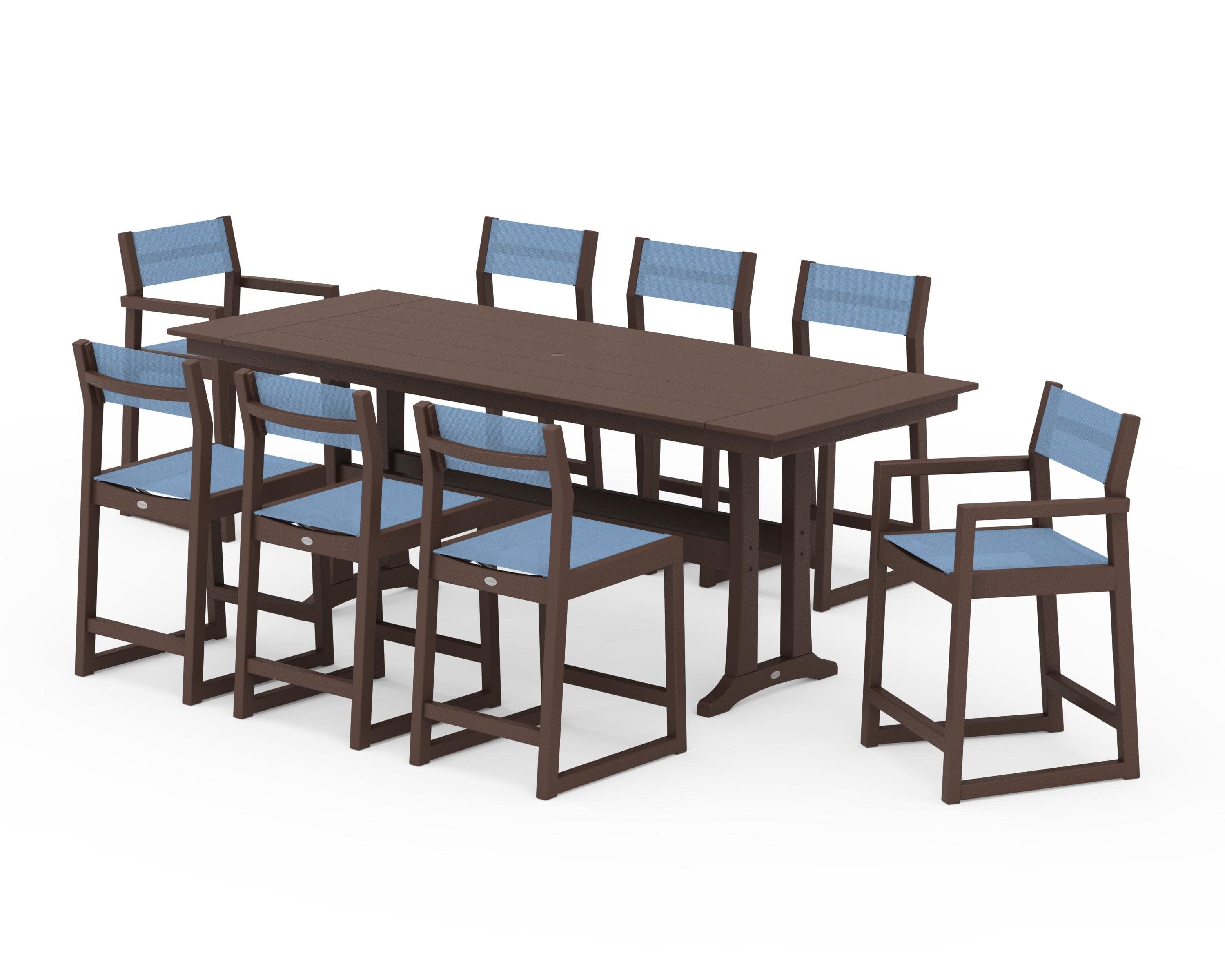 EDGE Sling 9-Piece Farmhouse Counter Set with Trestle Legs in Mahogany / Poolside Sling