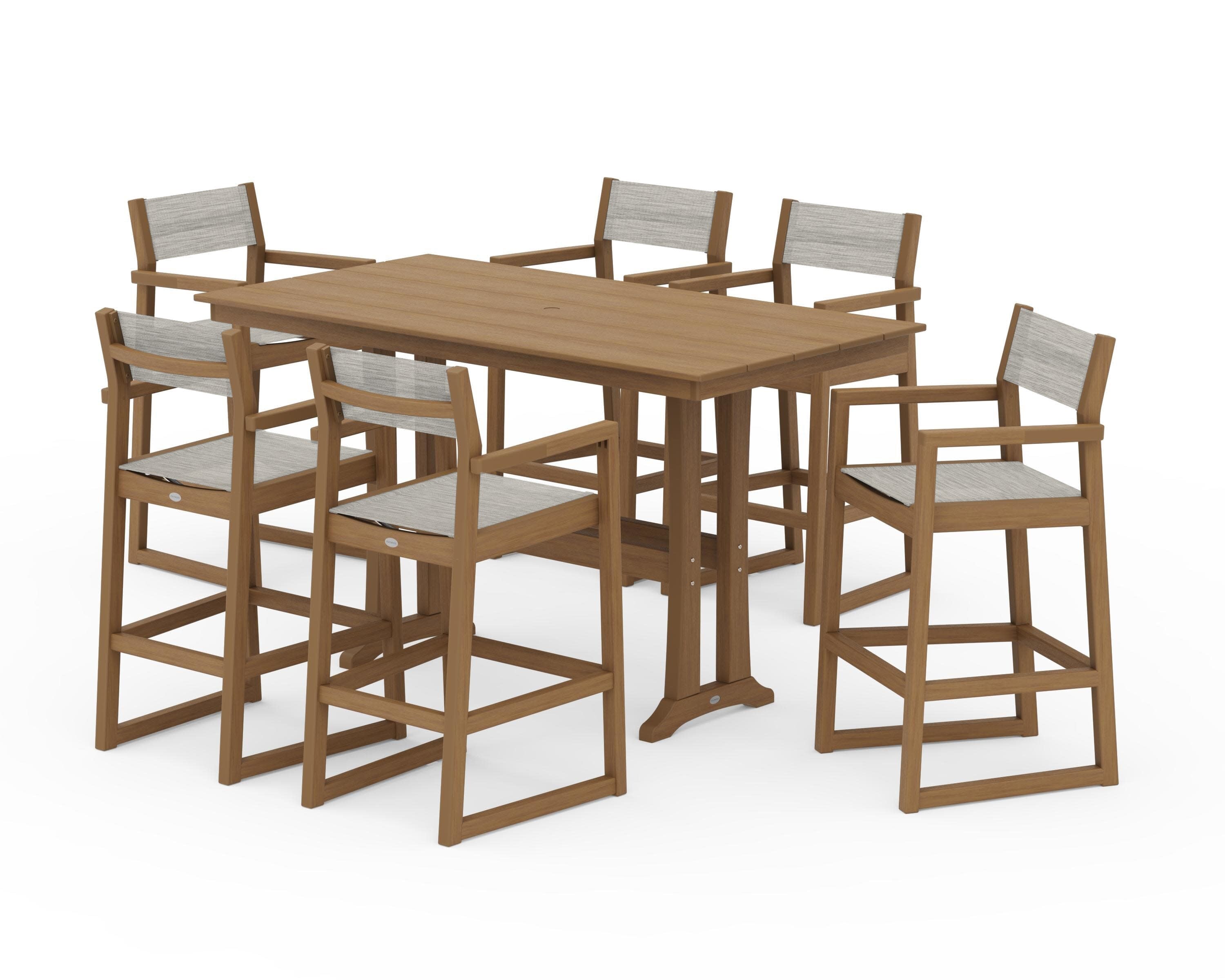EDGE Sling Arm Chair 7-Piece Farmhouse Bar Set with Trestle Legs in Natural / Birch Sling