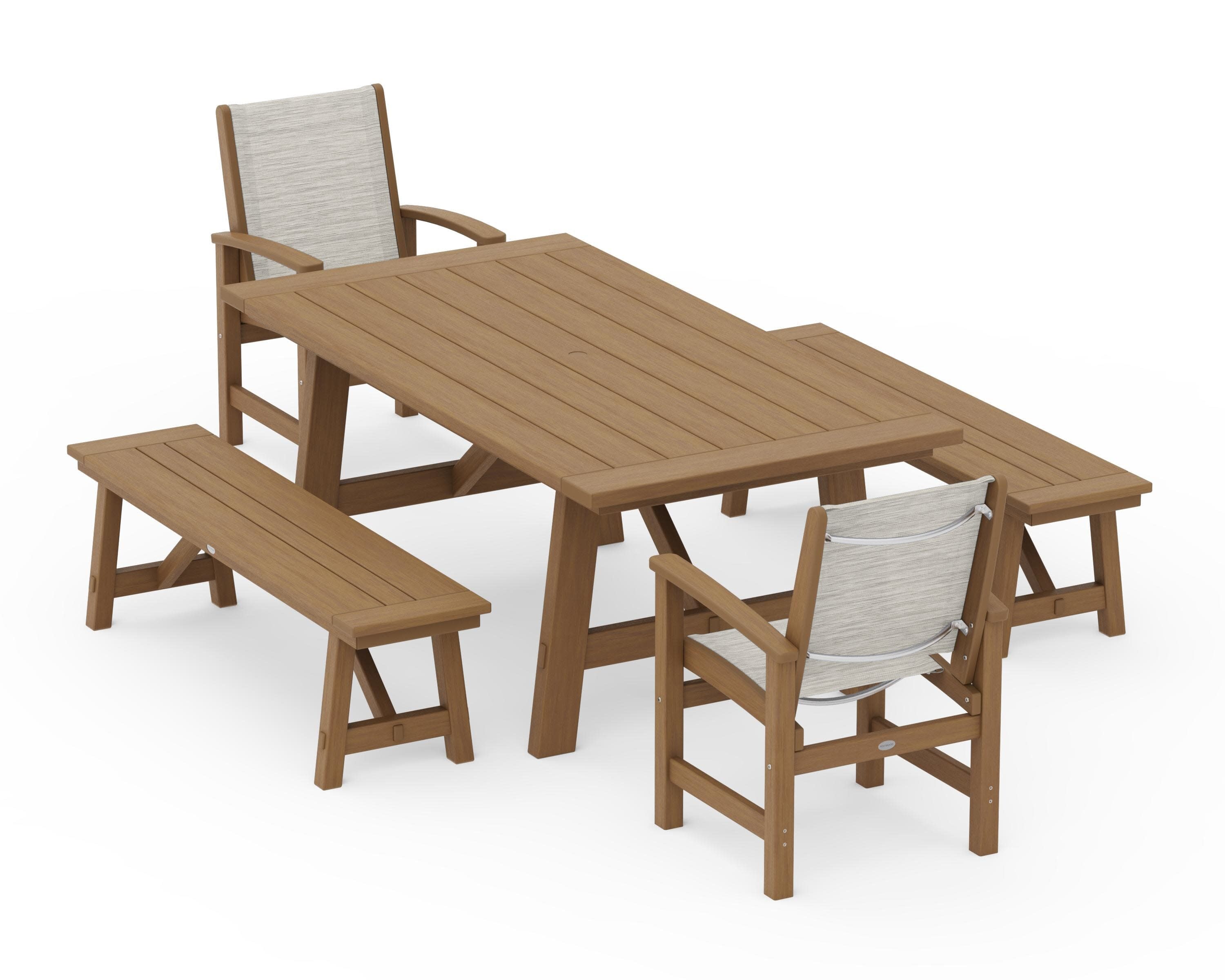 Coastal 5-Piece Rustic Farmhouse Dining Set With Benches in Natural / Birch Sling