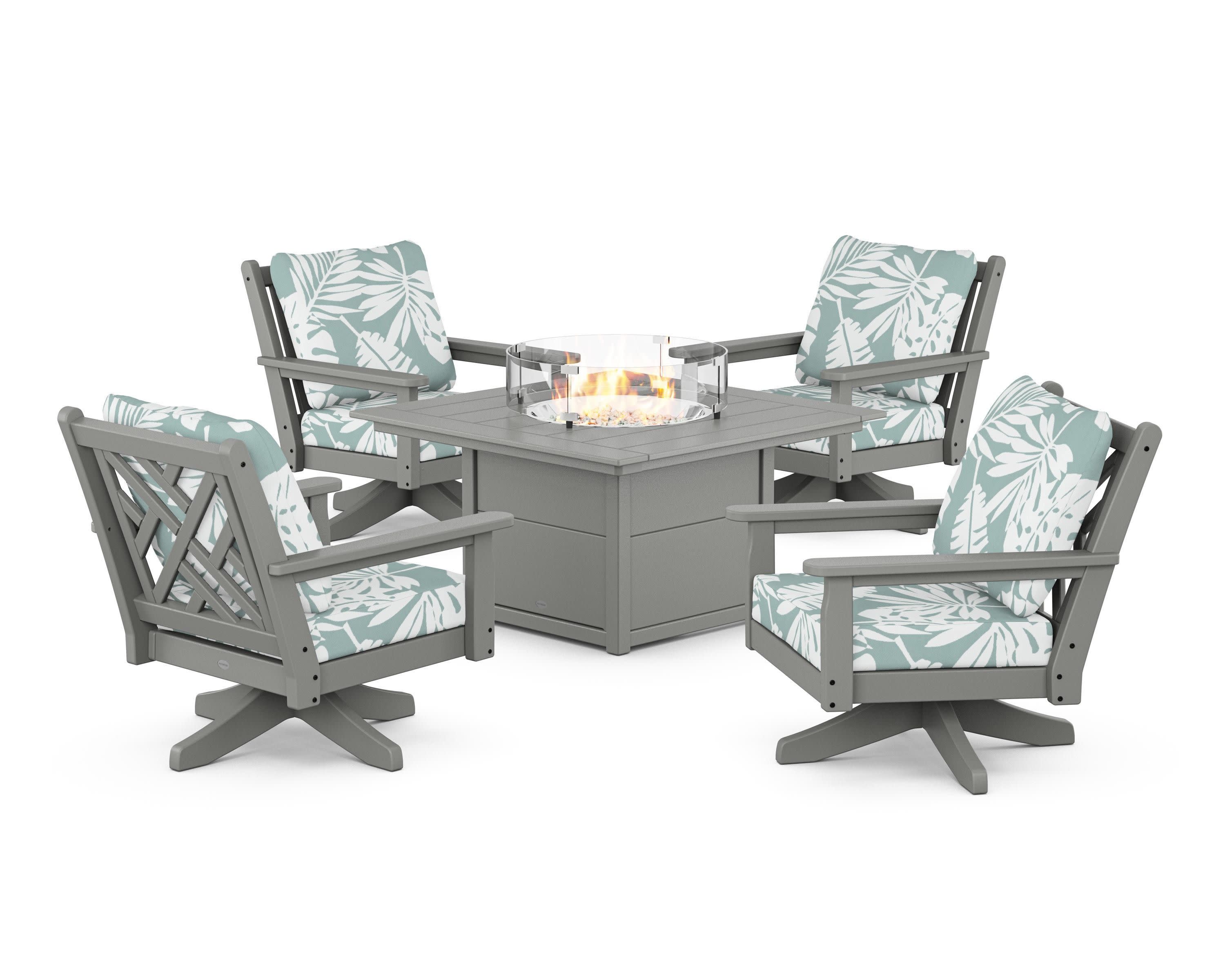 Chippendale 5-Piece Deep Seating Swivel Conversation Set with Fire Pit Table in Slate Grey / Leaf Glacier Spa
