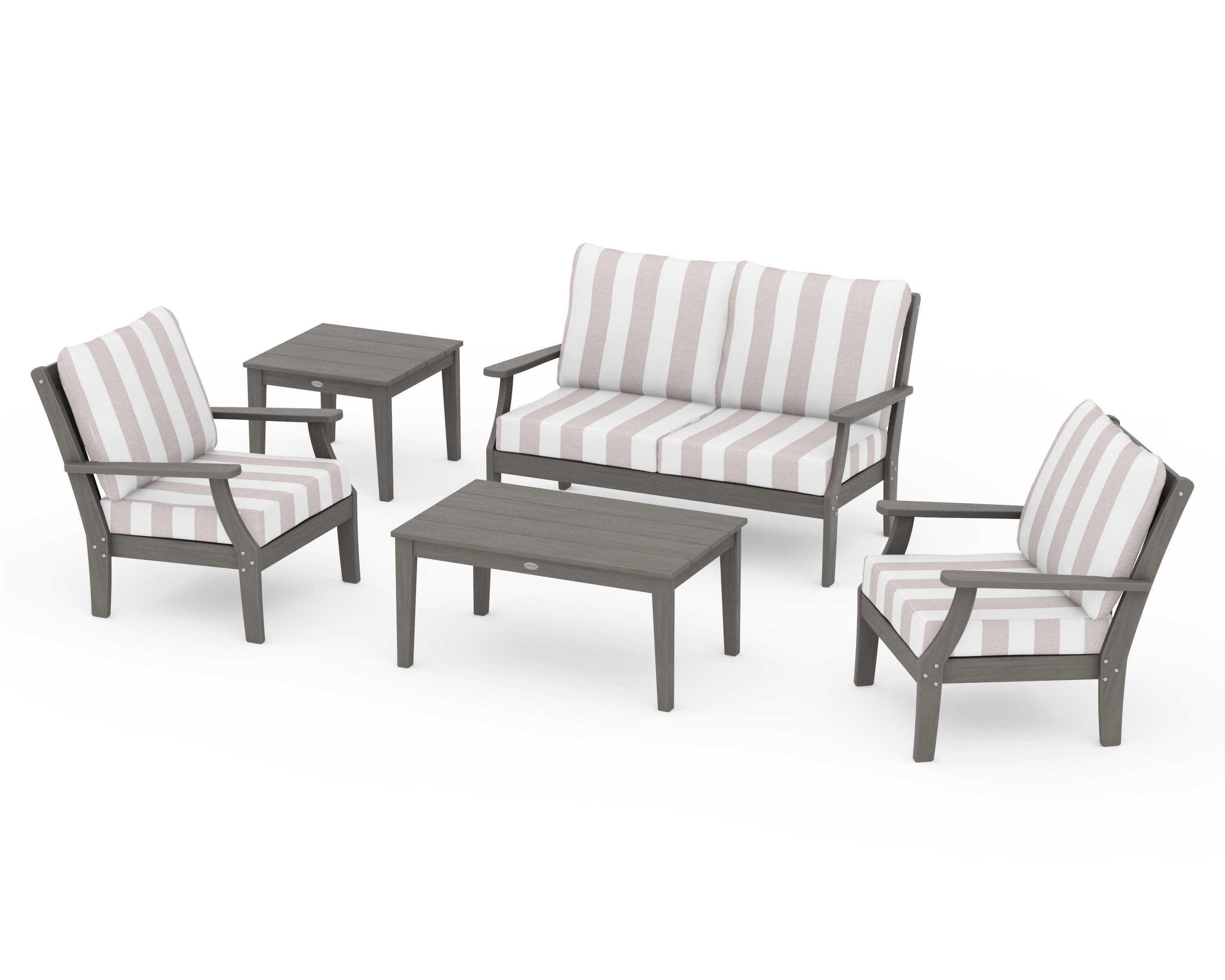 Braxton 5-Piece Deep Seating Set in Driftwood / Cabana Stripe Dune Burlap