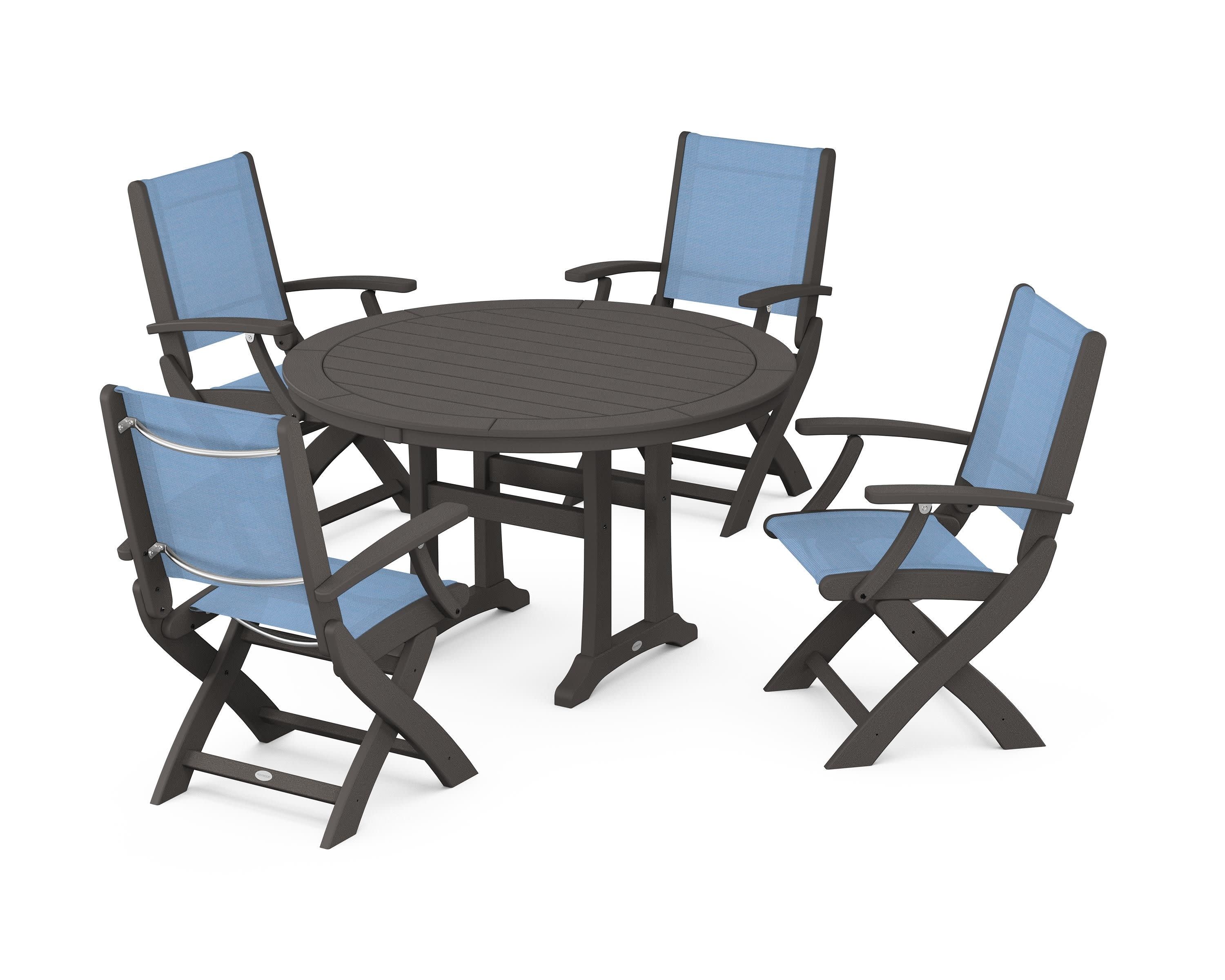 Coastal Folding Chair 5-Piece Round Dining Set with Trestle Legs in Vintage Coffee / Poolside Sling