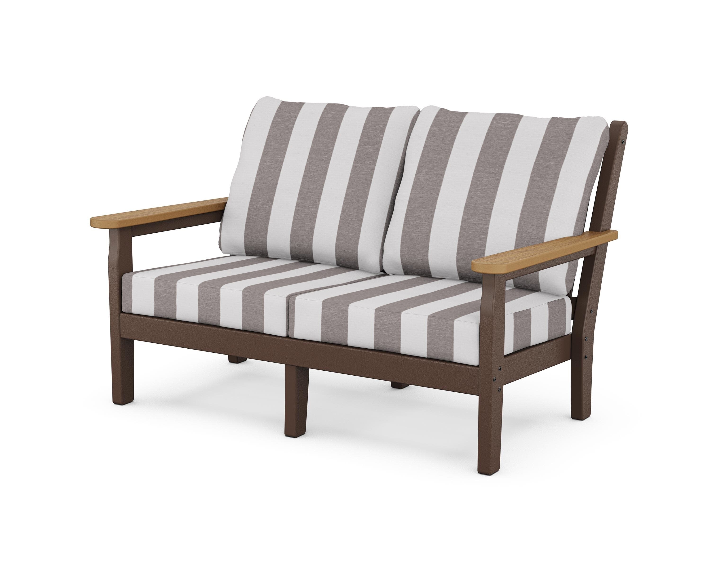 Chippendale Deep Seating Loveseat in Mahogany / Natural / Cabana Stripe Grey Mist