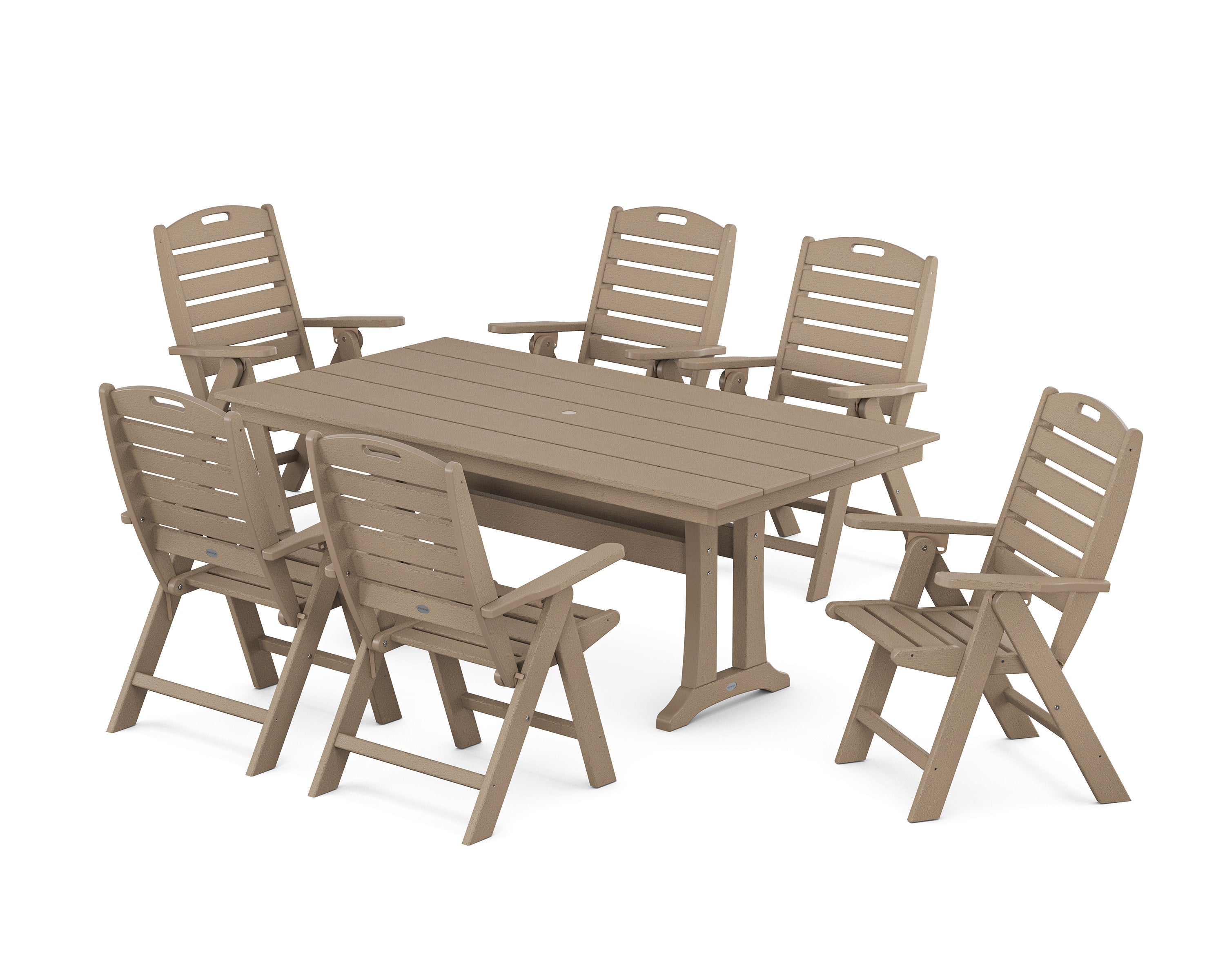Nautical Highback 7-Piece Farmhouse Dining Set with Trestle Legs in Vintage Sahara