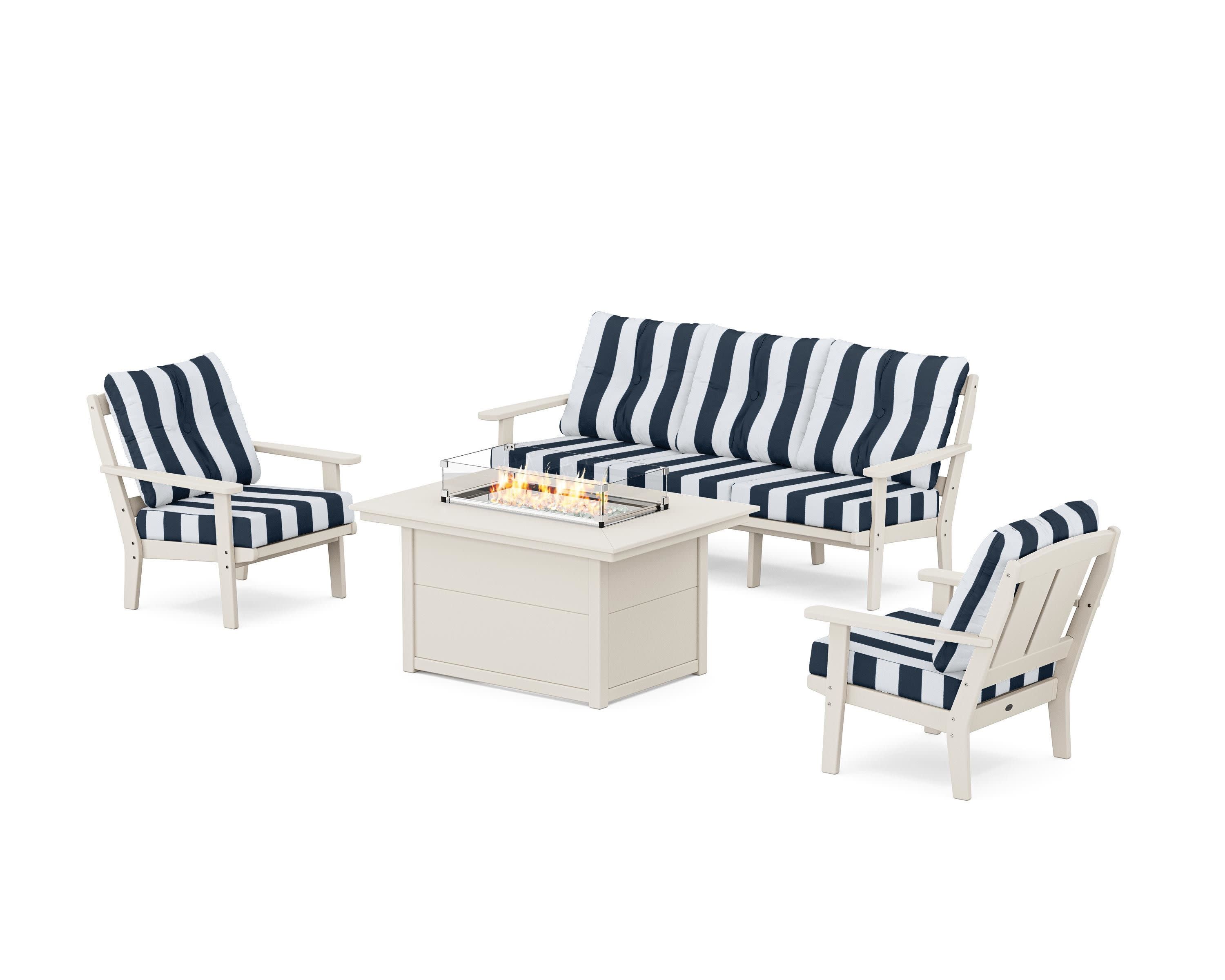 Mission Deep Seating Fire Pit Table Set in Sand / Cabana Stripe Marine Indigo