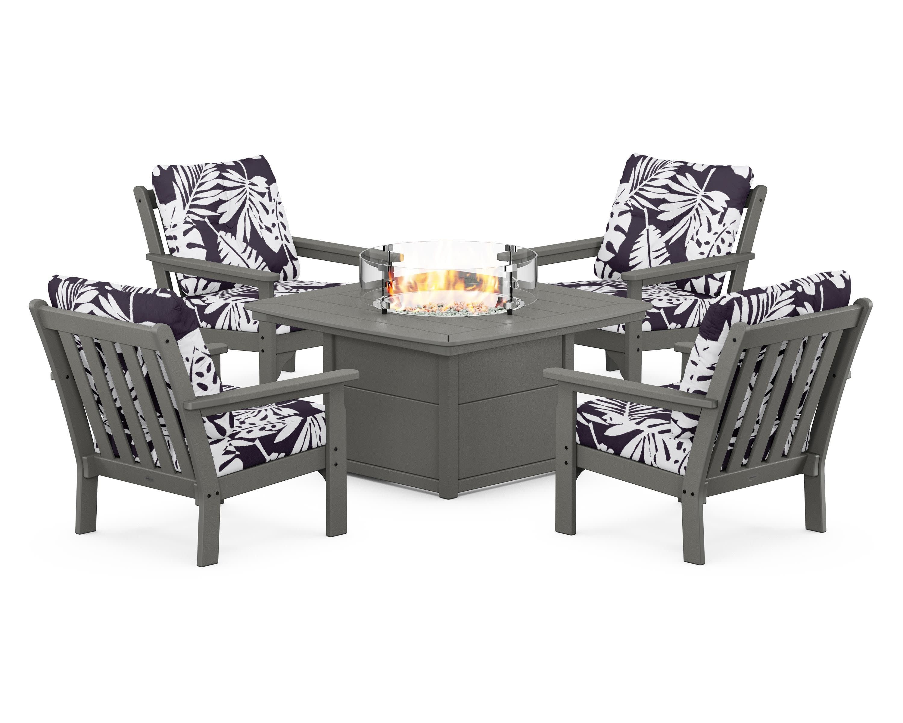 Vineyard 5-Piece Conversation Set with Fire Pit Table in Slate Grey / Leaf Navy