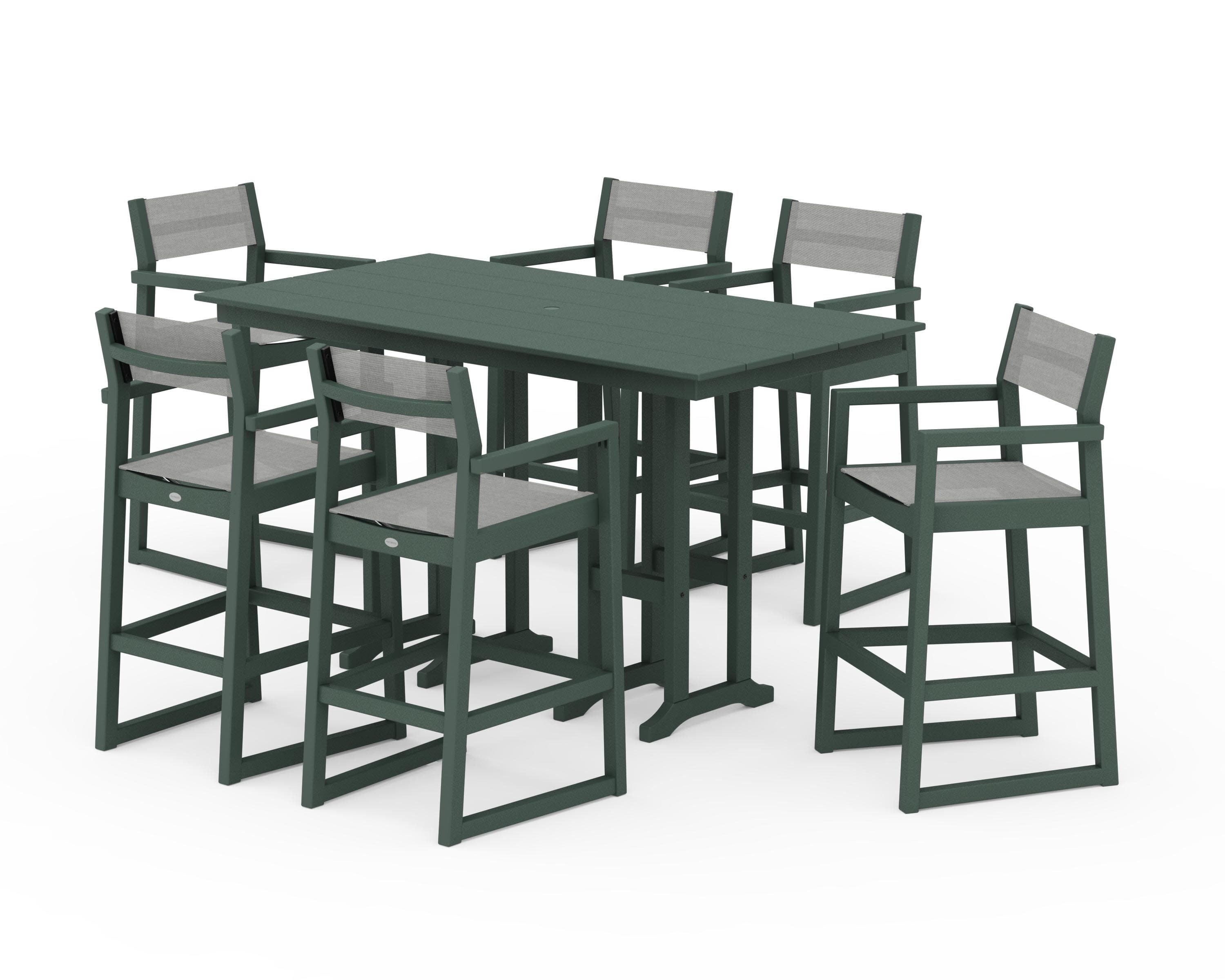 EDGE Sling Arm Chair 7-Piece Farmhouse Bar Set in Green / Metallic Sling