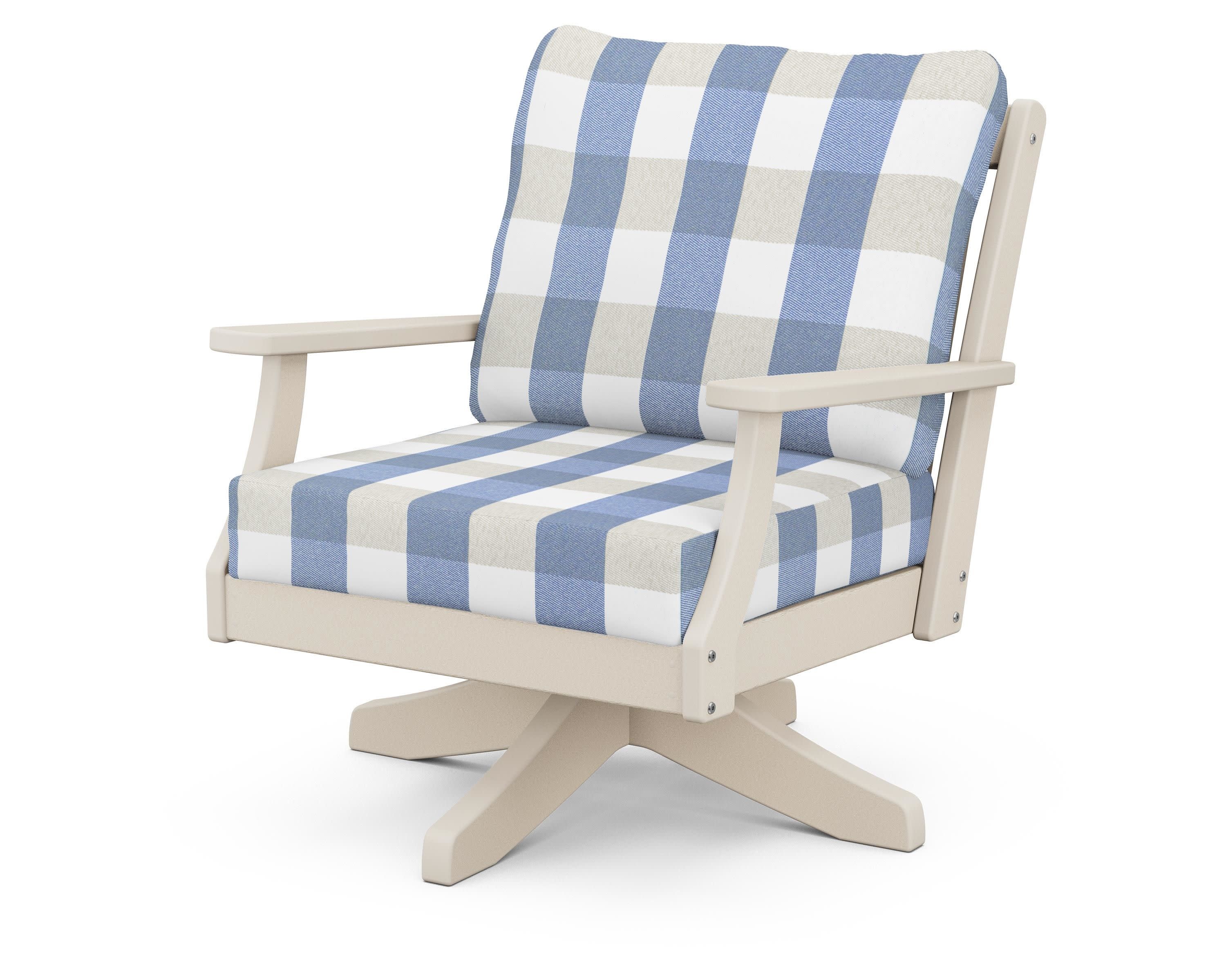 Braxton Deep Seating Swivel Chair in Sand / Buffalo Plaid Sky Blue