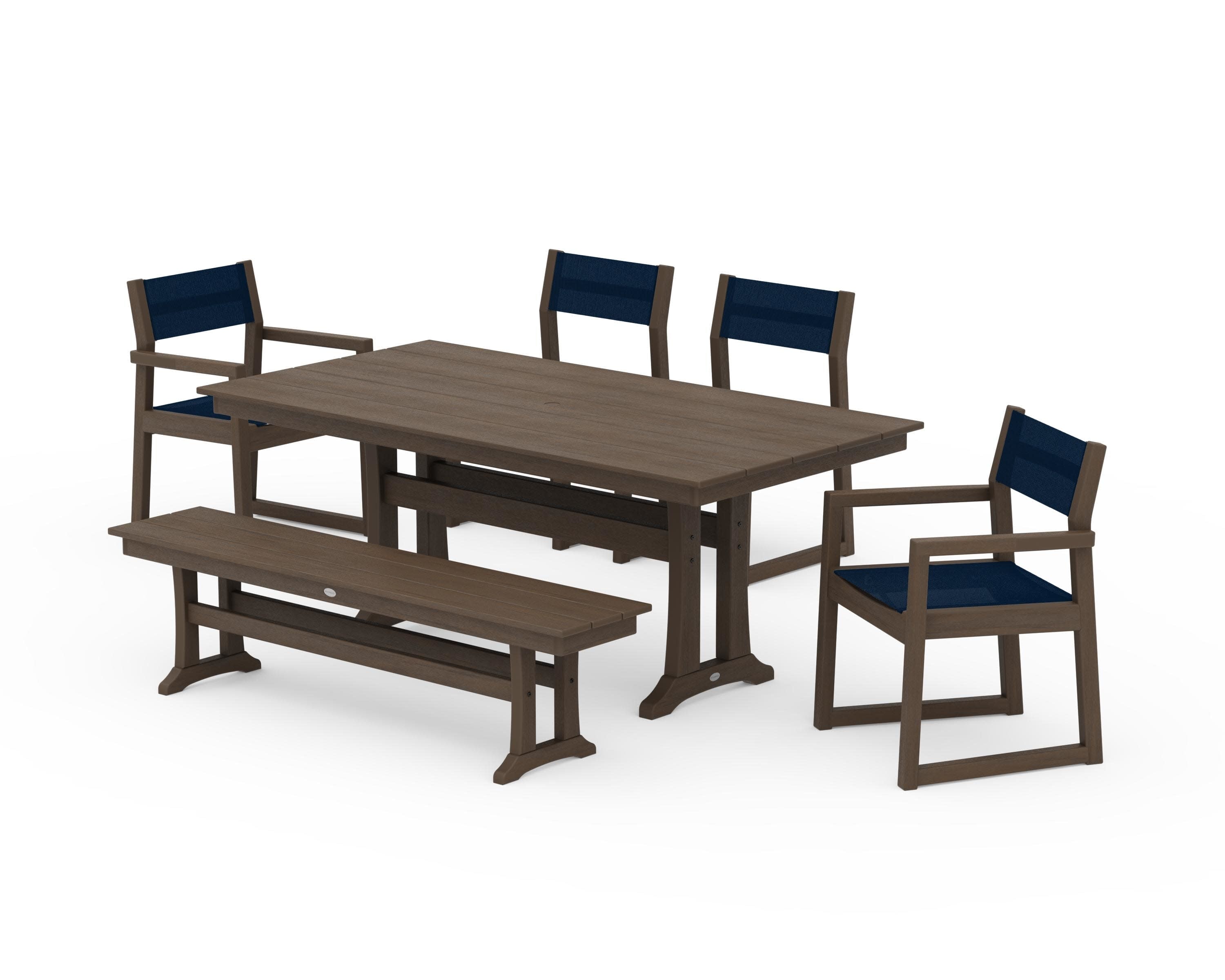 EDGE Sling 6-Piece Farmhouse Dining Set With Trestle Legs in Kona / Navy Blue Sling
