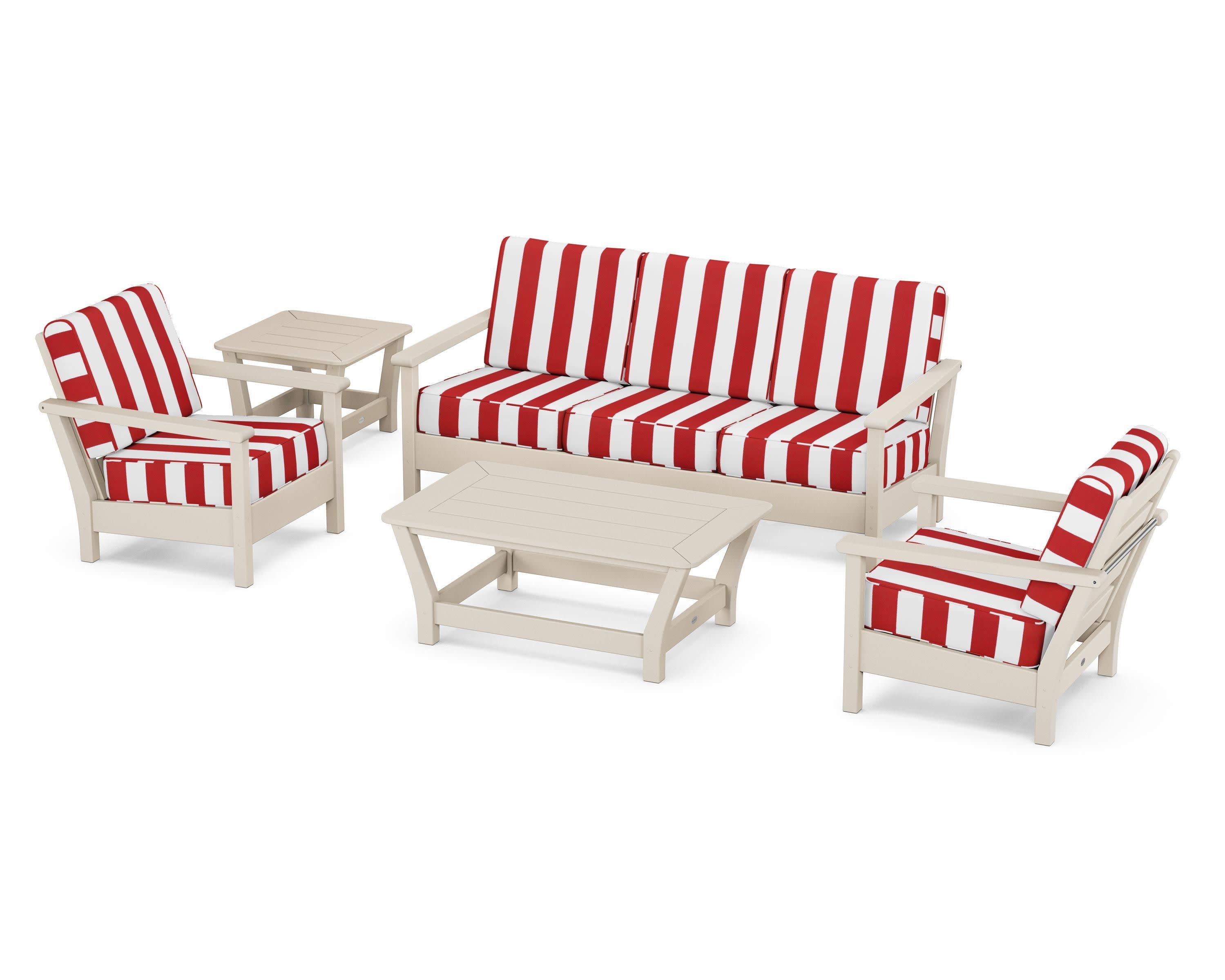 Harbour 5-Piece Deep Seating Set in Sand / Cabana Stripe Crimson