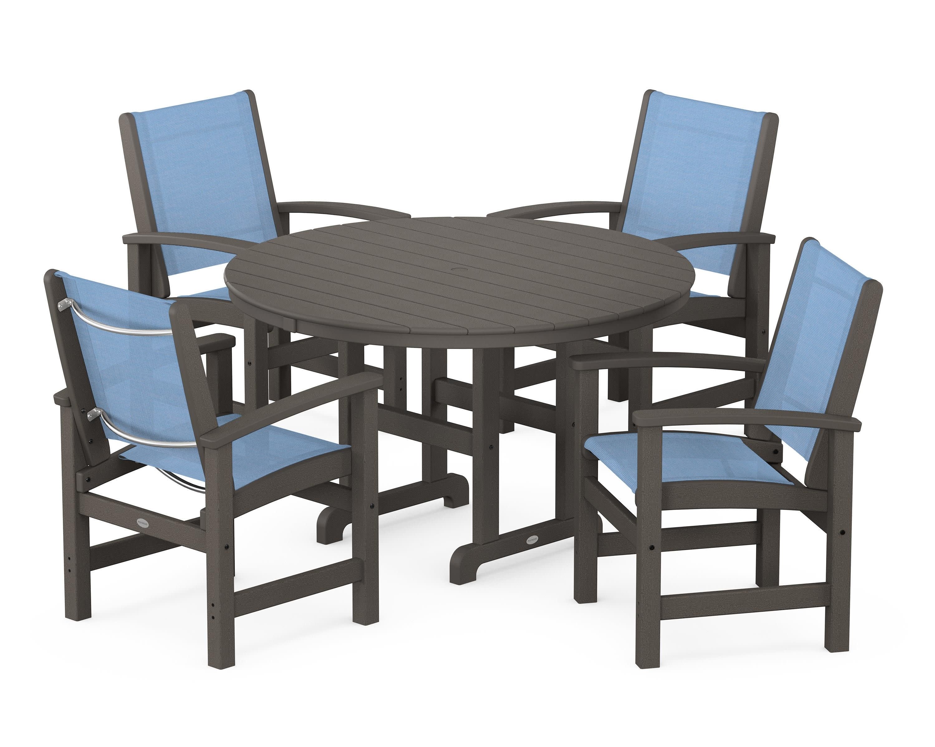 Coastal 5-Piece Round Farmhouse Dining Set in Vintage Coffee / Poolside Sling