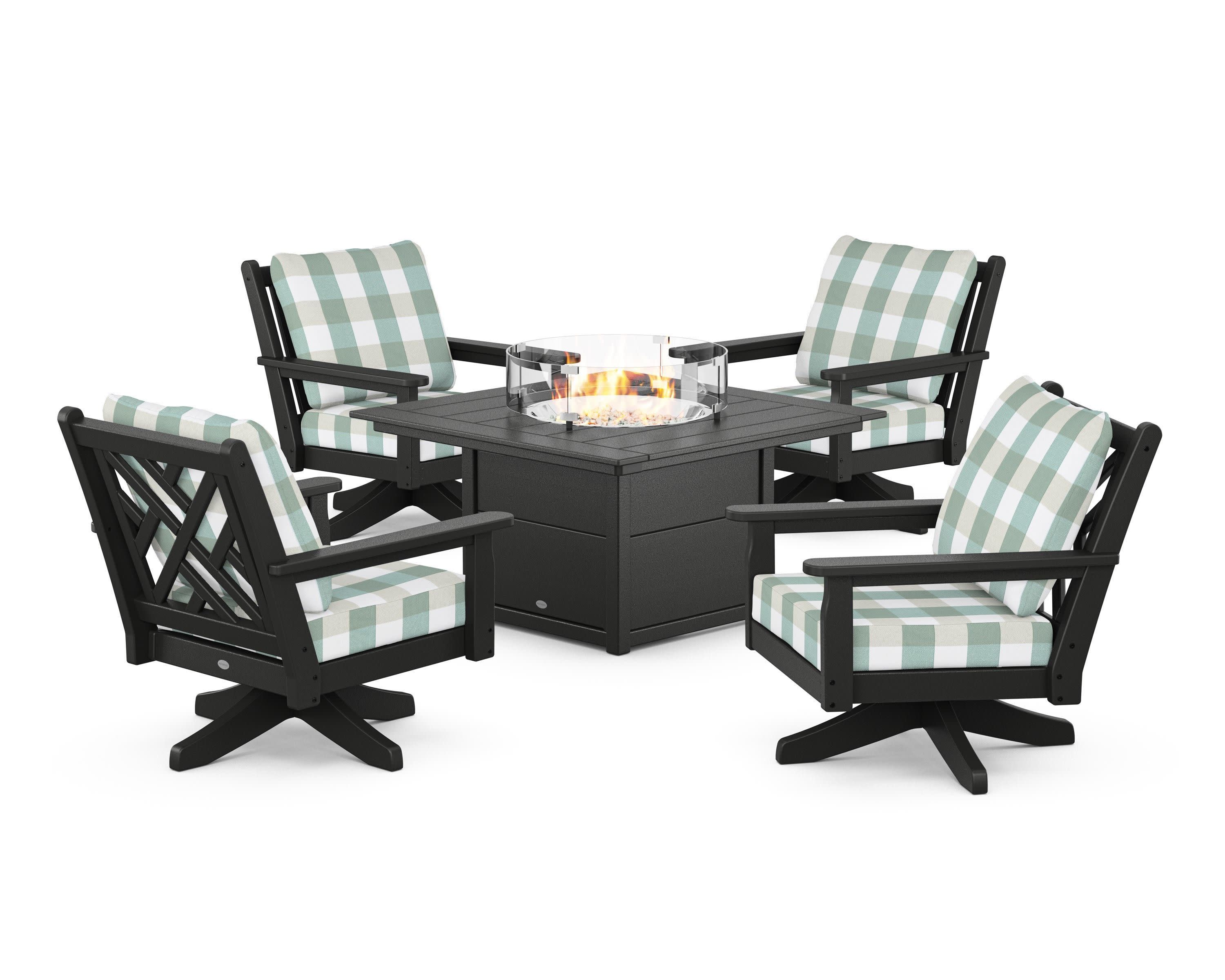 Chippendale 5-Piece Deep Seating Swivel Conversation Set with Fire Pit Table in Black / Buffalo Plaid Glacier Spa