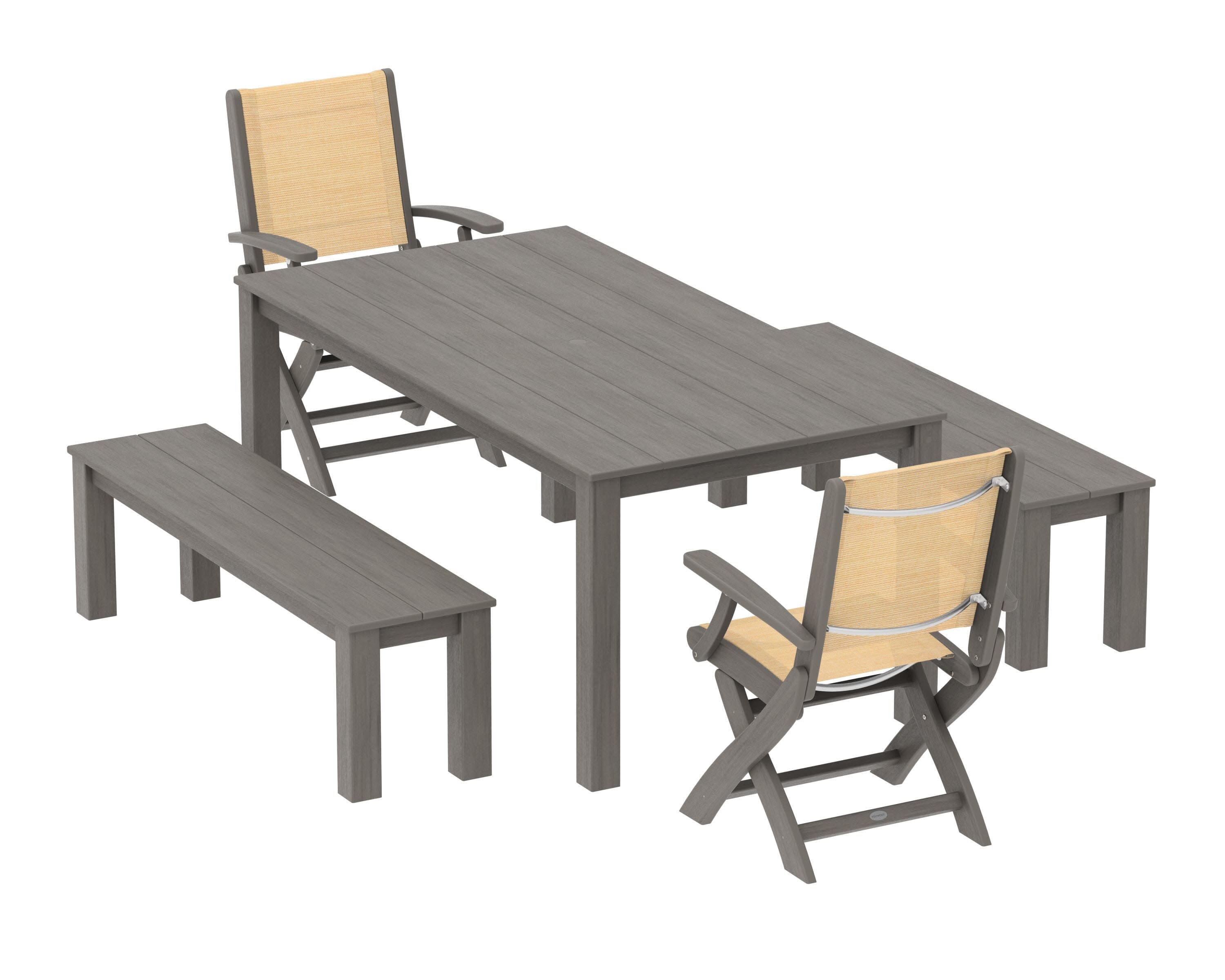 Coastal Folding Chair 5-Piece Parsons Dining Set with Benches in Driftwood / Dupioni Apricot Sling