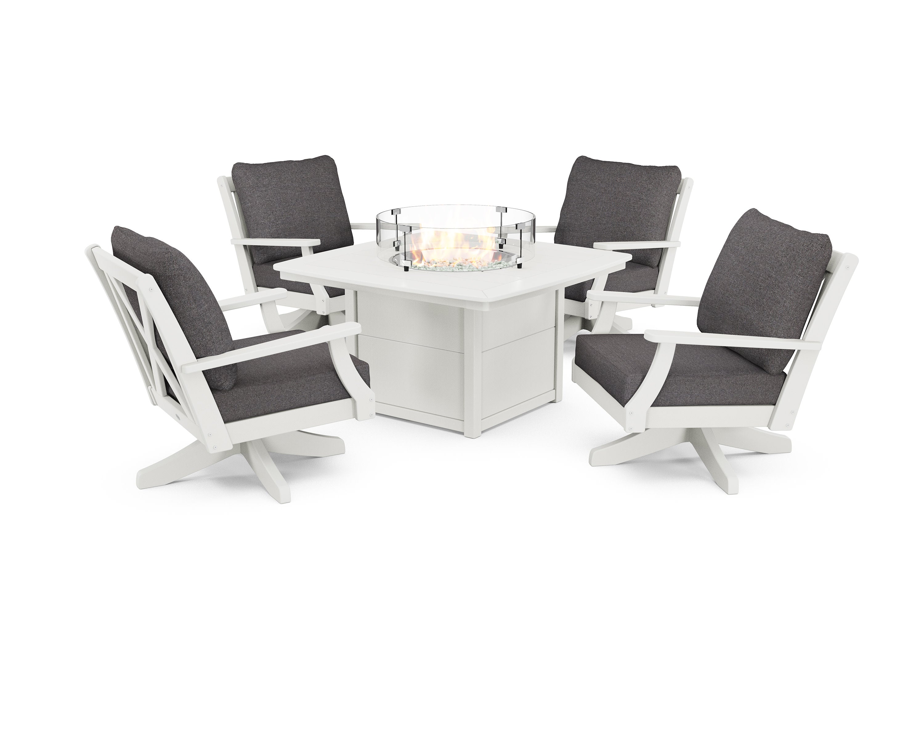 Braxton 5-Piece Deep Seating Swivel Conversation Set with Fire Pit Table in Vintage White / Ash Charcoal