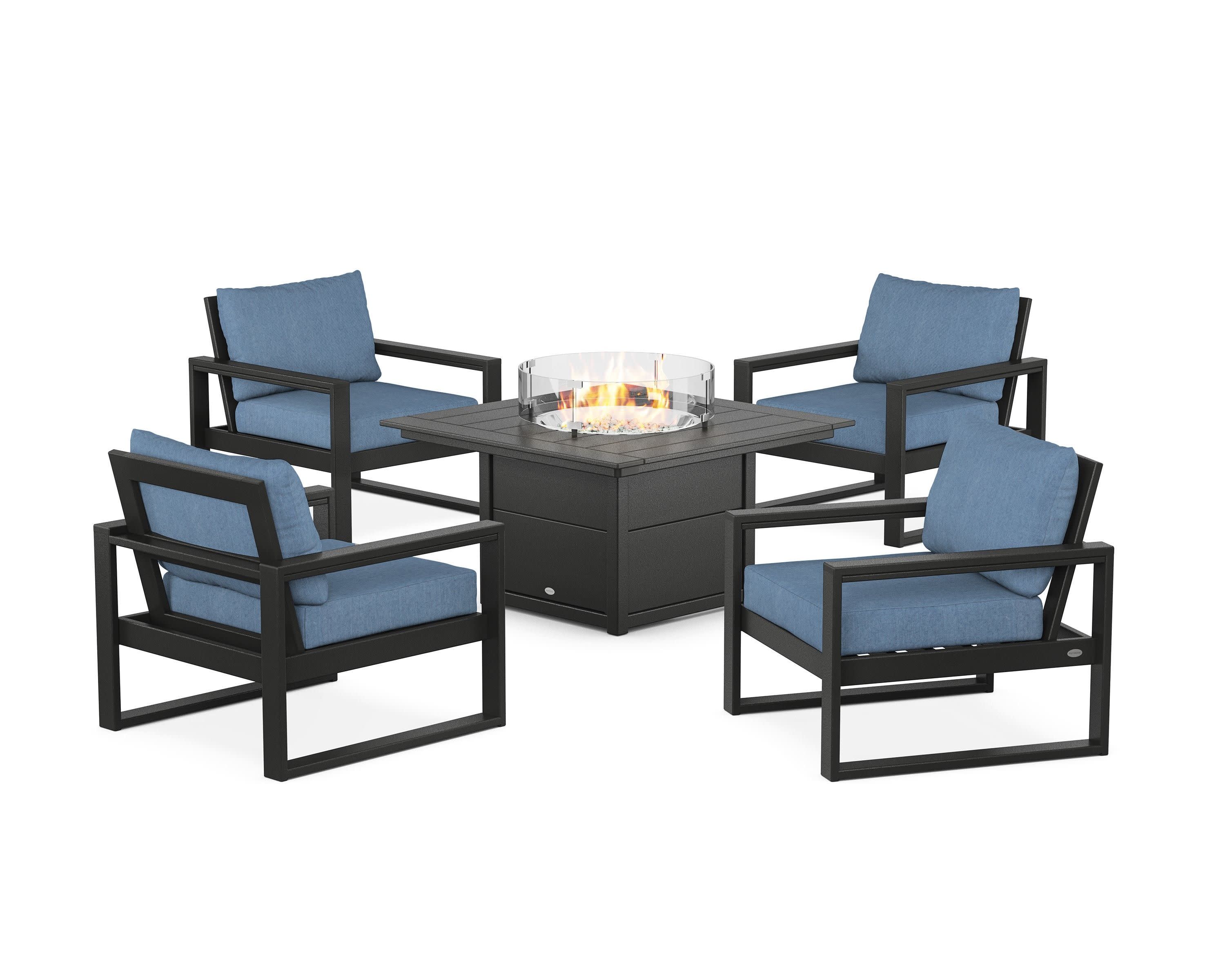 EDGE Sectional 5-Piece Deep Seating Set with Fire Pit Table in Black / Sky Blue
