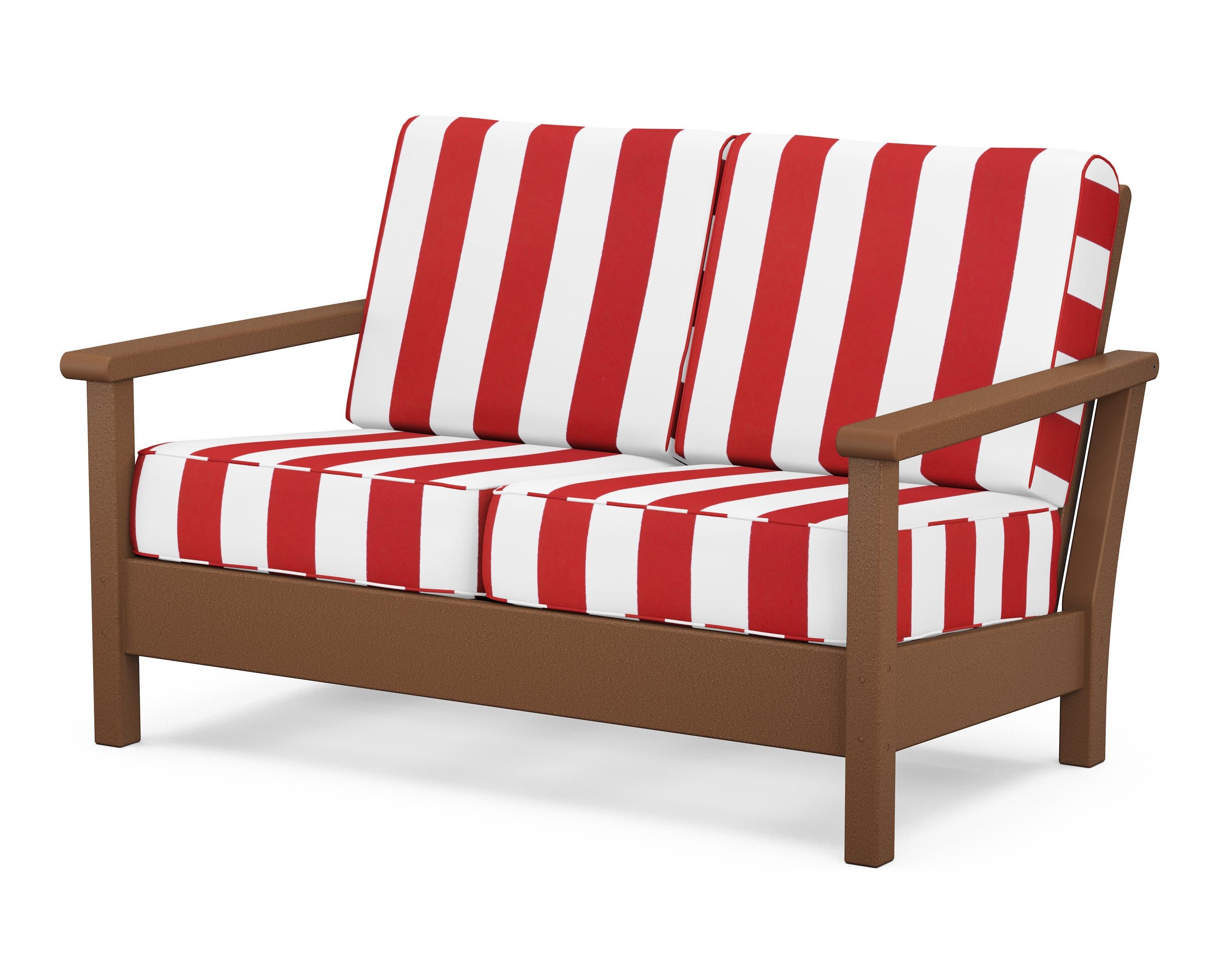 Harbour Deep Seating Loveseat in Teak / Cabana Stripe Crimson