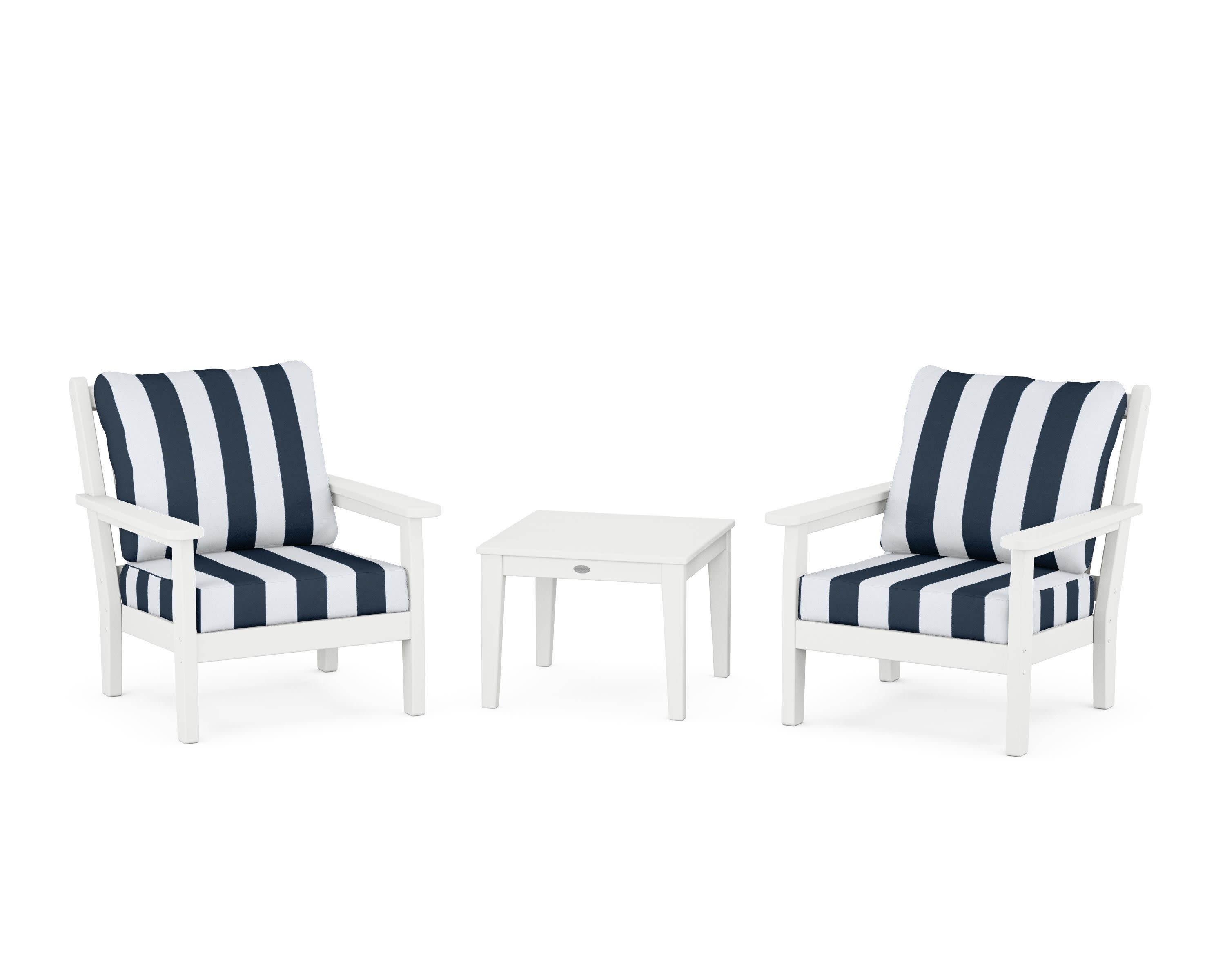 Chippendale 3-Piece Deep Seating Set in White / Cabana Stripe Marine Indigo