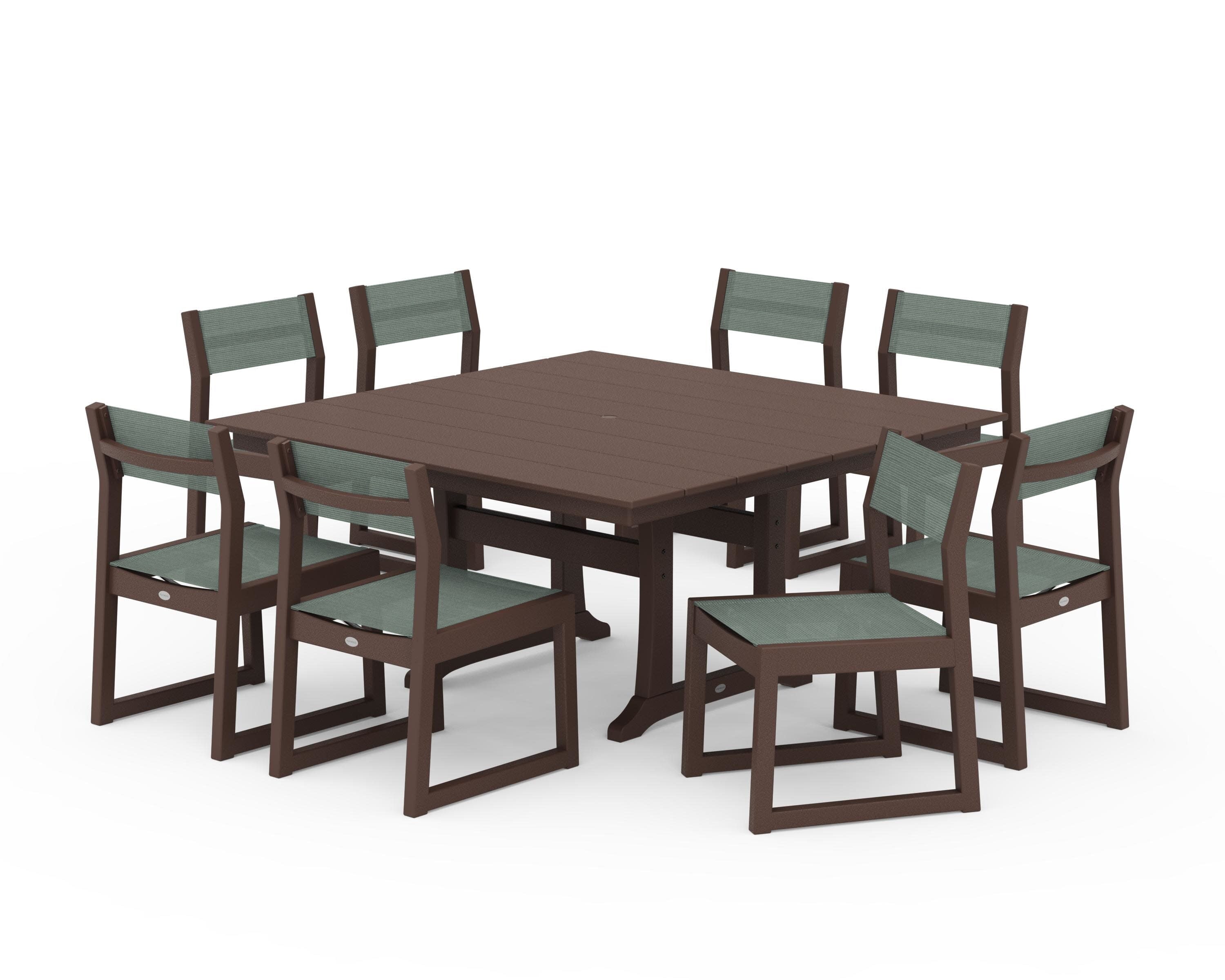 EDGE Sling Side Chair 9-Piece Farmhouse Trestle Dining Set in Mahogany / Dupioni Sea Mist Sling
