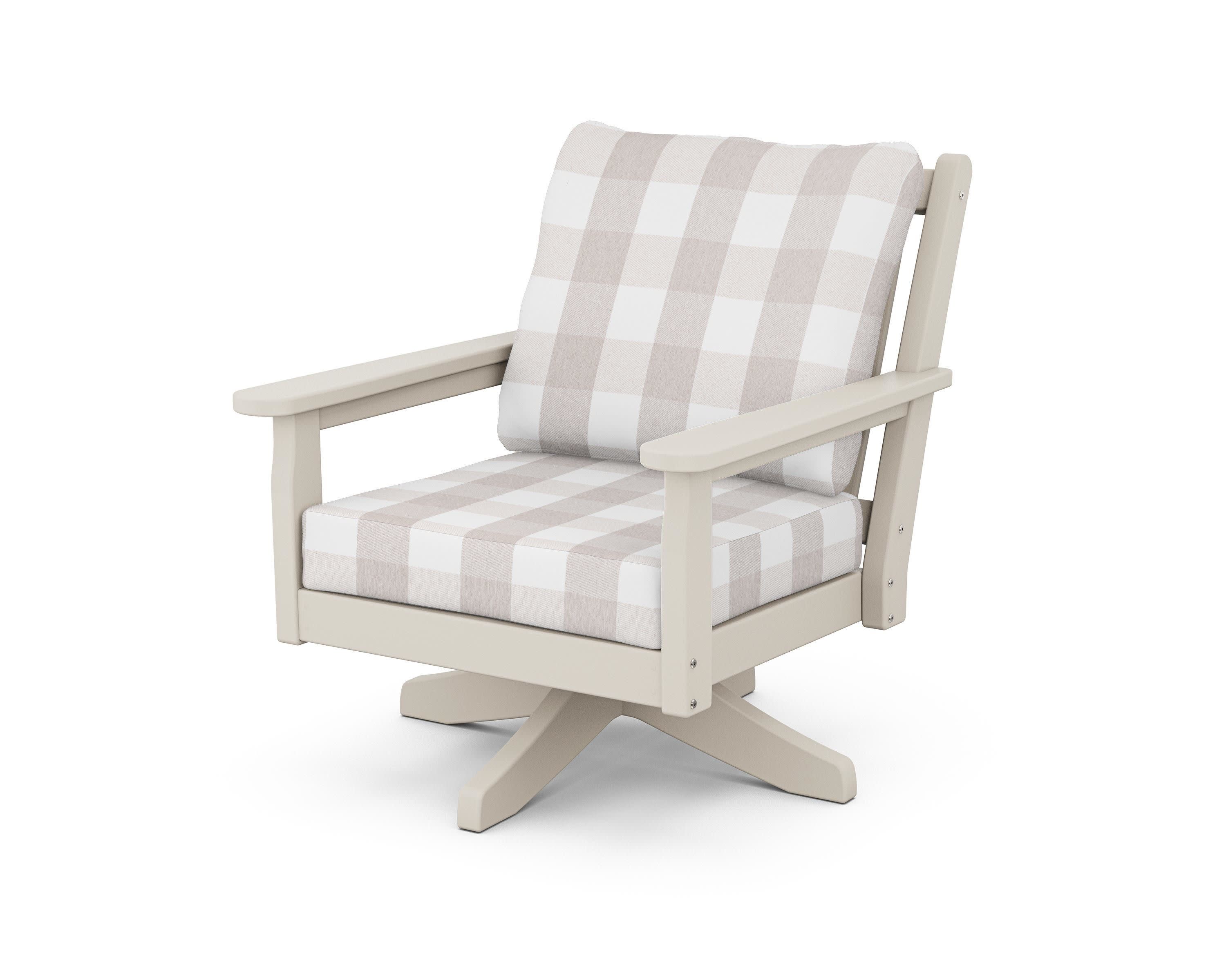 Chippendale Deep Seating Swivel Chair in Sand / Buffalo Plaid Dune Burlap