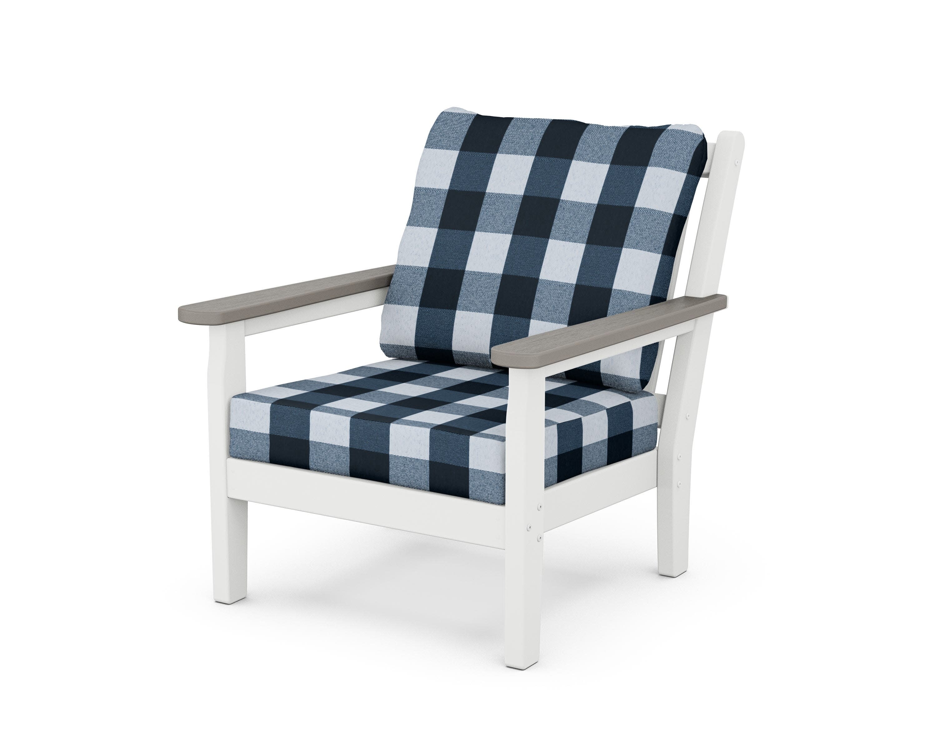Chippendale Deep Seating Chair in White / Driftwood / Buffalo Plaid Marine Indigo