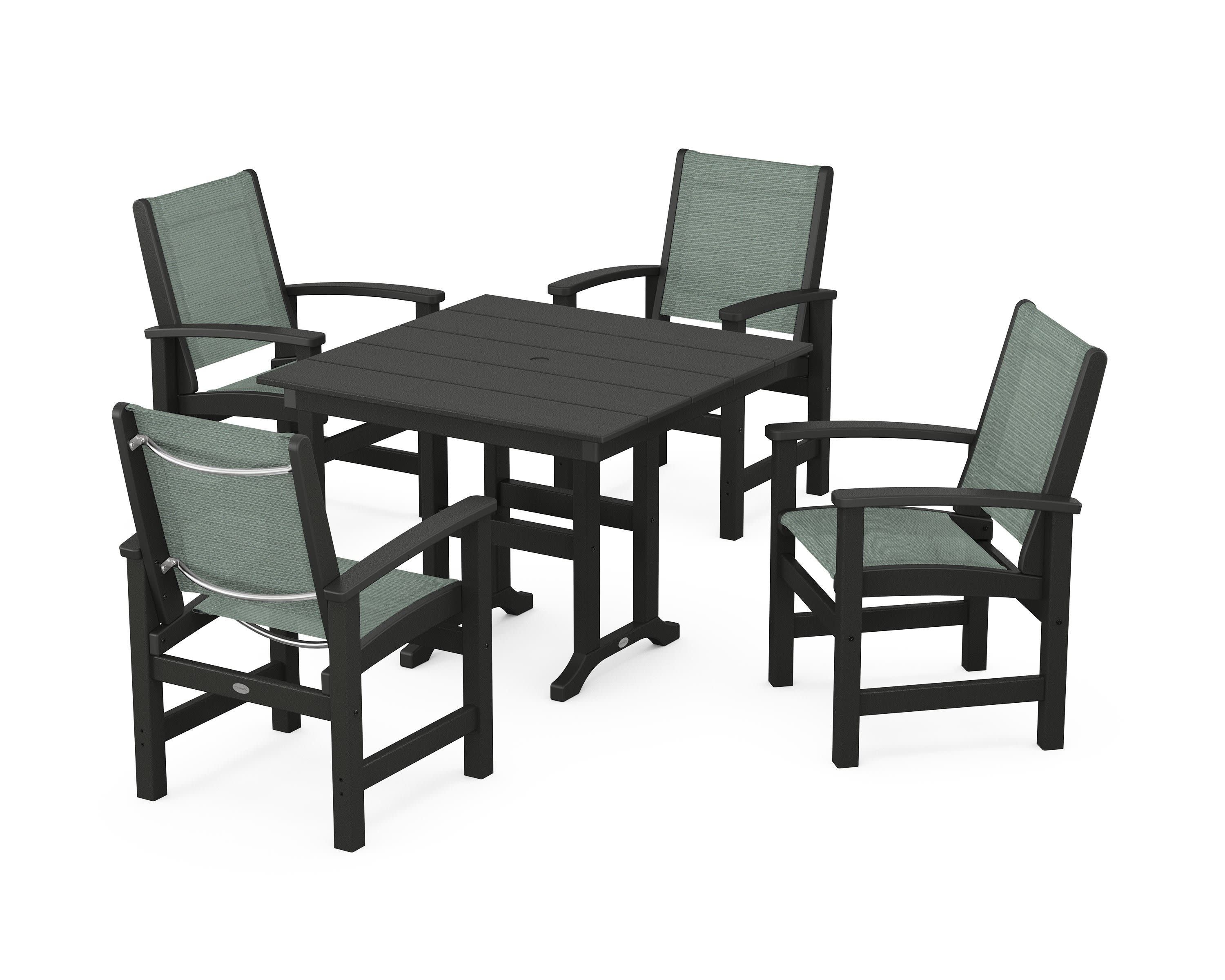 Coastal 5-Piece Farmhouse Dining Set in Black / Dupioni Sea Mist Sling