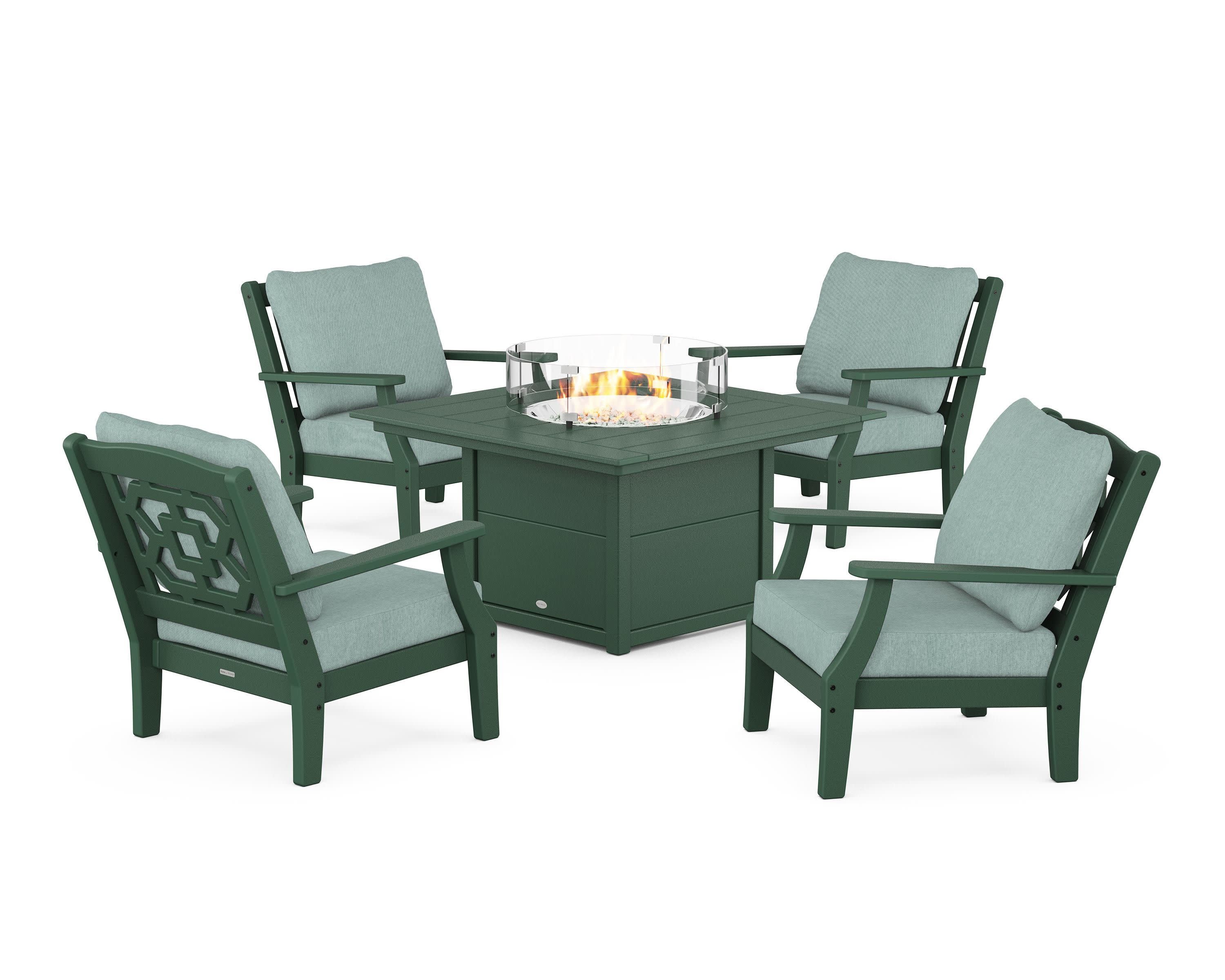 Chinoiserie 5-Piece Deep Seating Set with Fire Pit Table in Green / Glacier Spa
