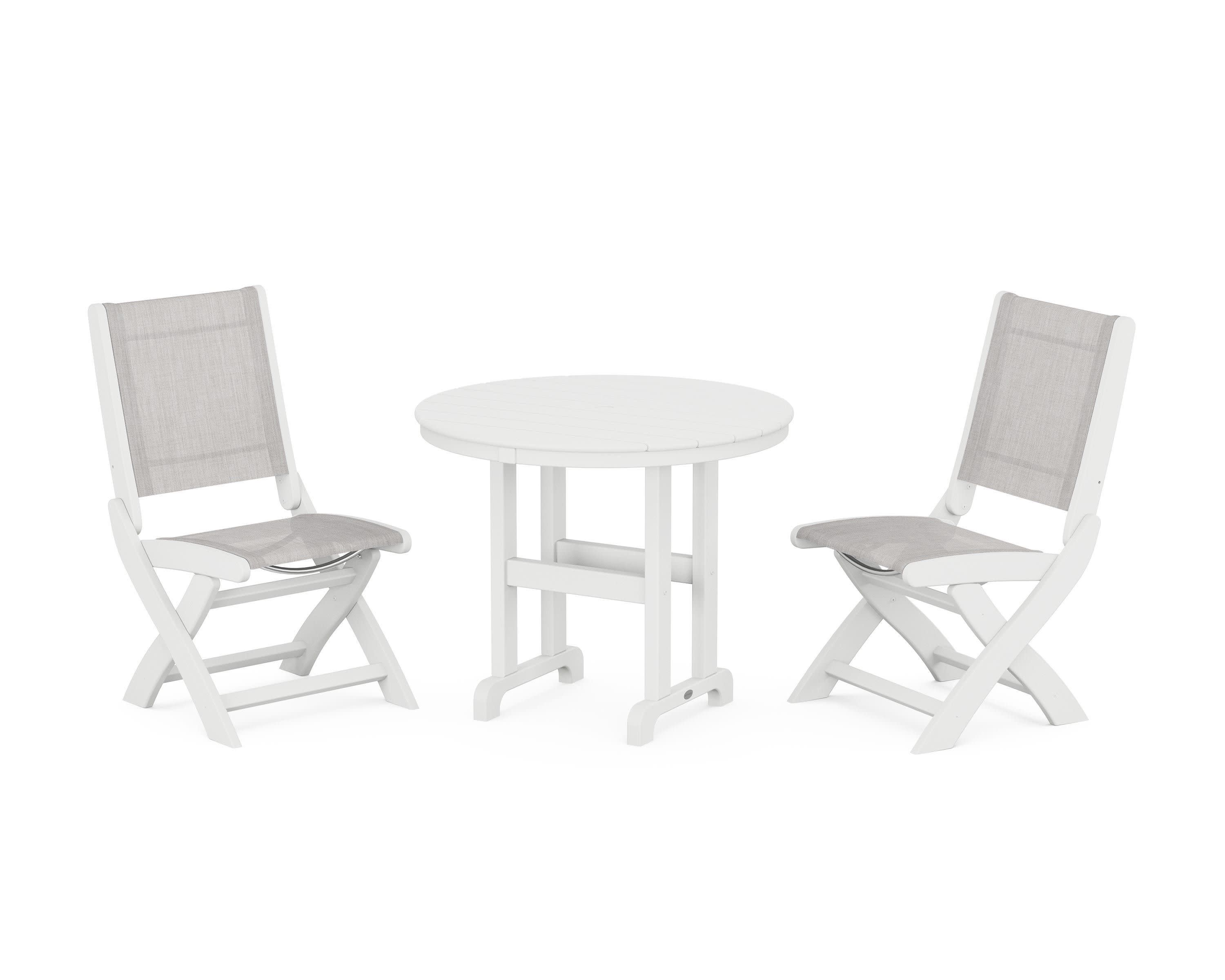 Coastal Folding Side Chair 3-Piece Round Dining Set in White / Parchment Sling