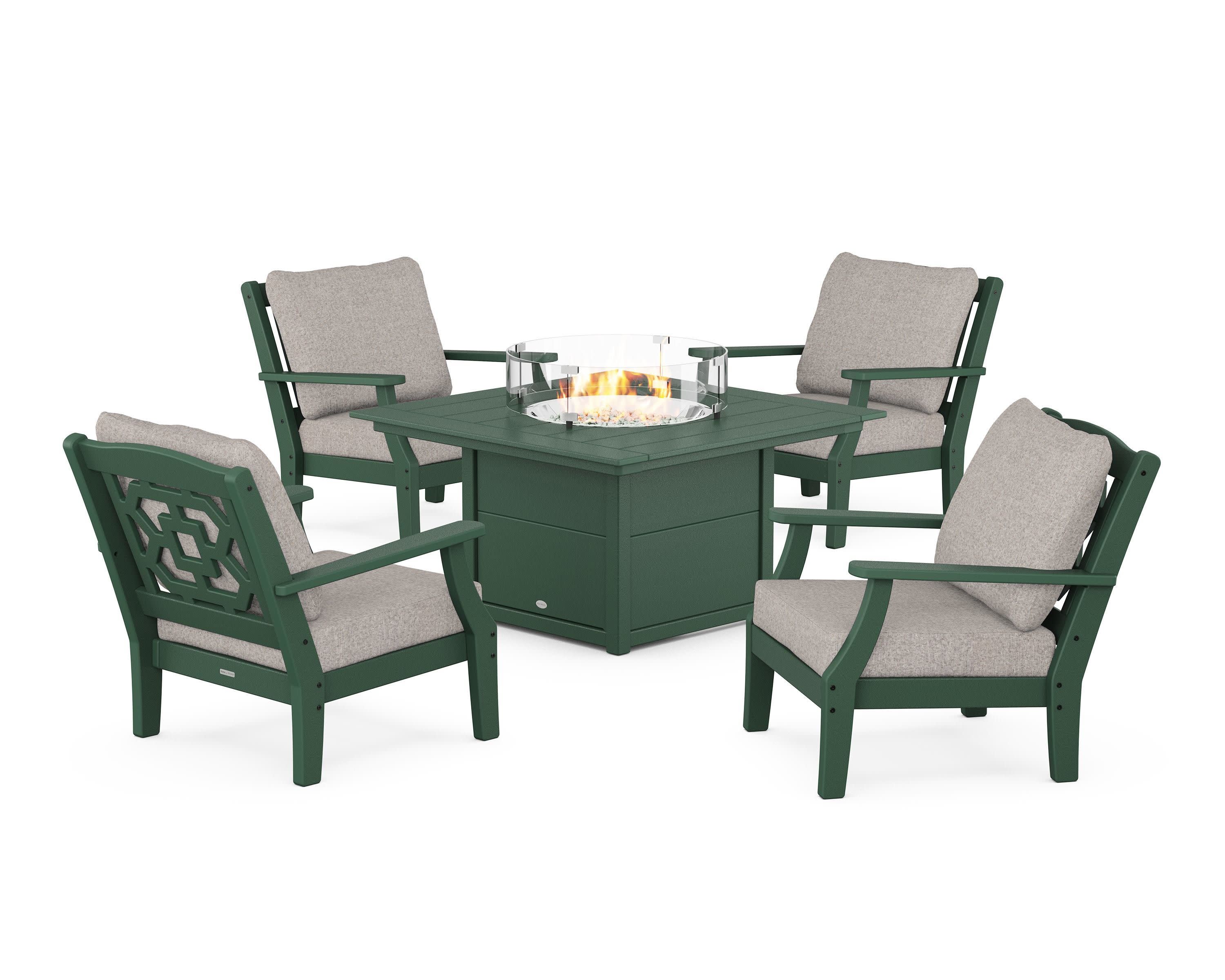 Chinoiserie 5-Piece Deep Seating Set with Fire Pit Table in Green / Weathered Tweed