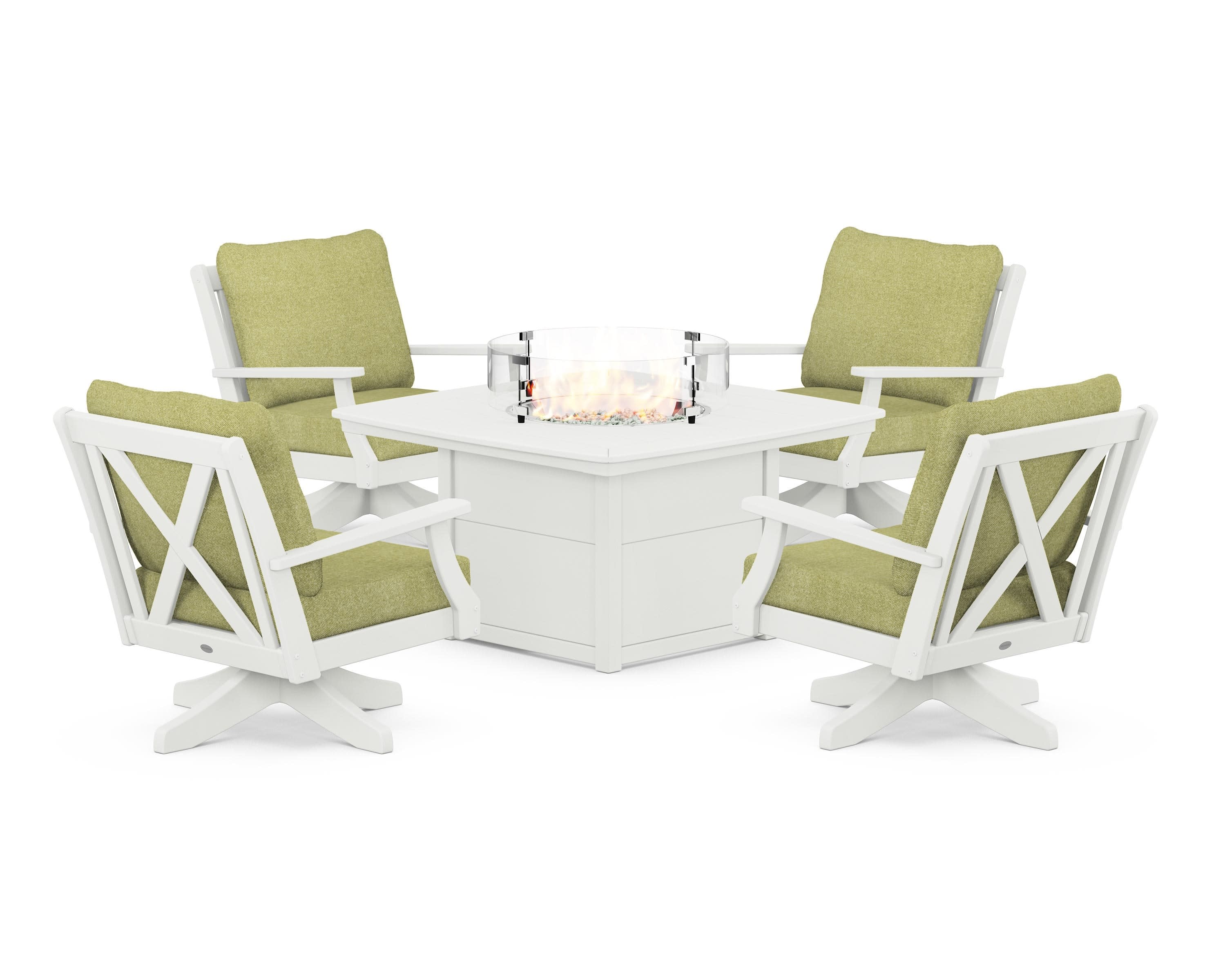 Braxton 5-Piece Deep Seating Swivel Conversation Set with Fire Pit Table in Vintage White / Chartreuse Boucle