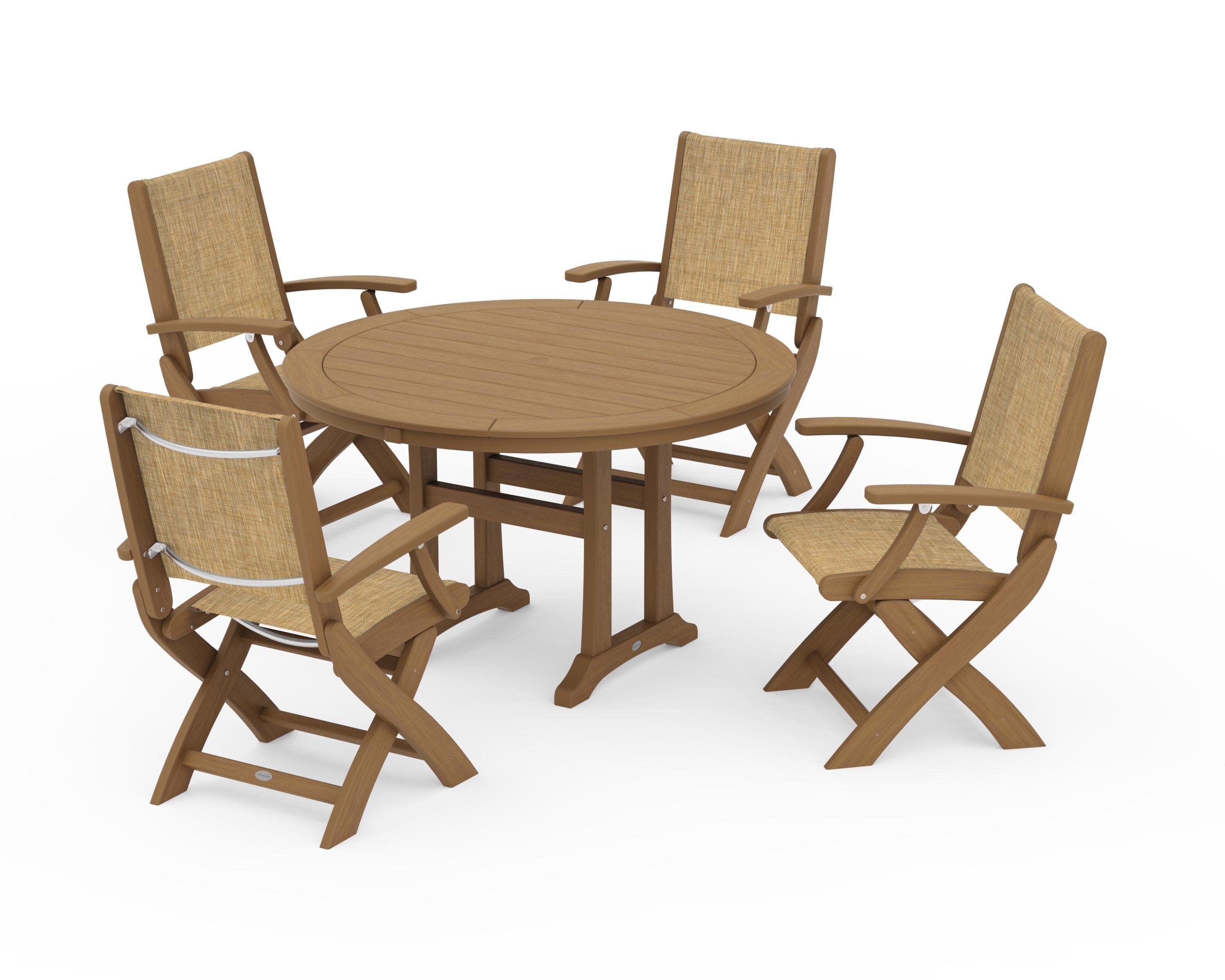 Coastal Folding Chair 5-Piece Round Dining Set with Trestle Legs in Natural / Burlap Sling