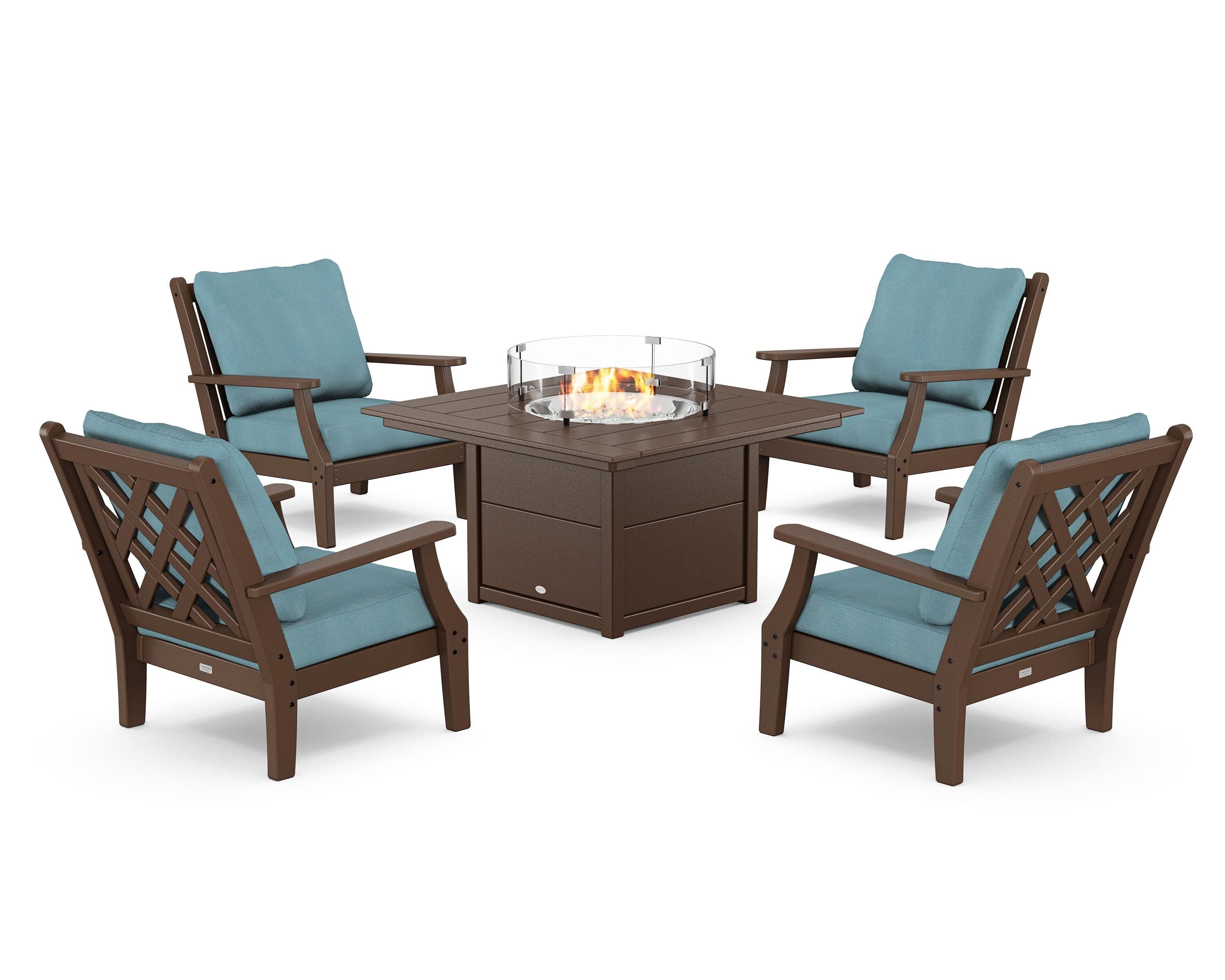 Wovendale 5-Piece Deep Seating Set with Fire Pit Table in Mahogany / Lattice Sky Blue
