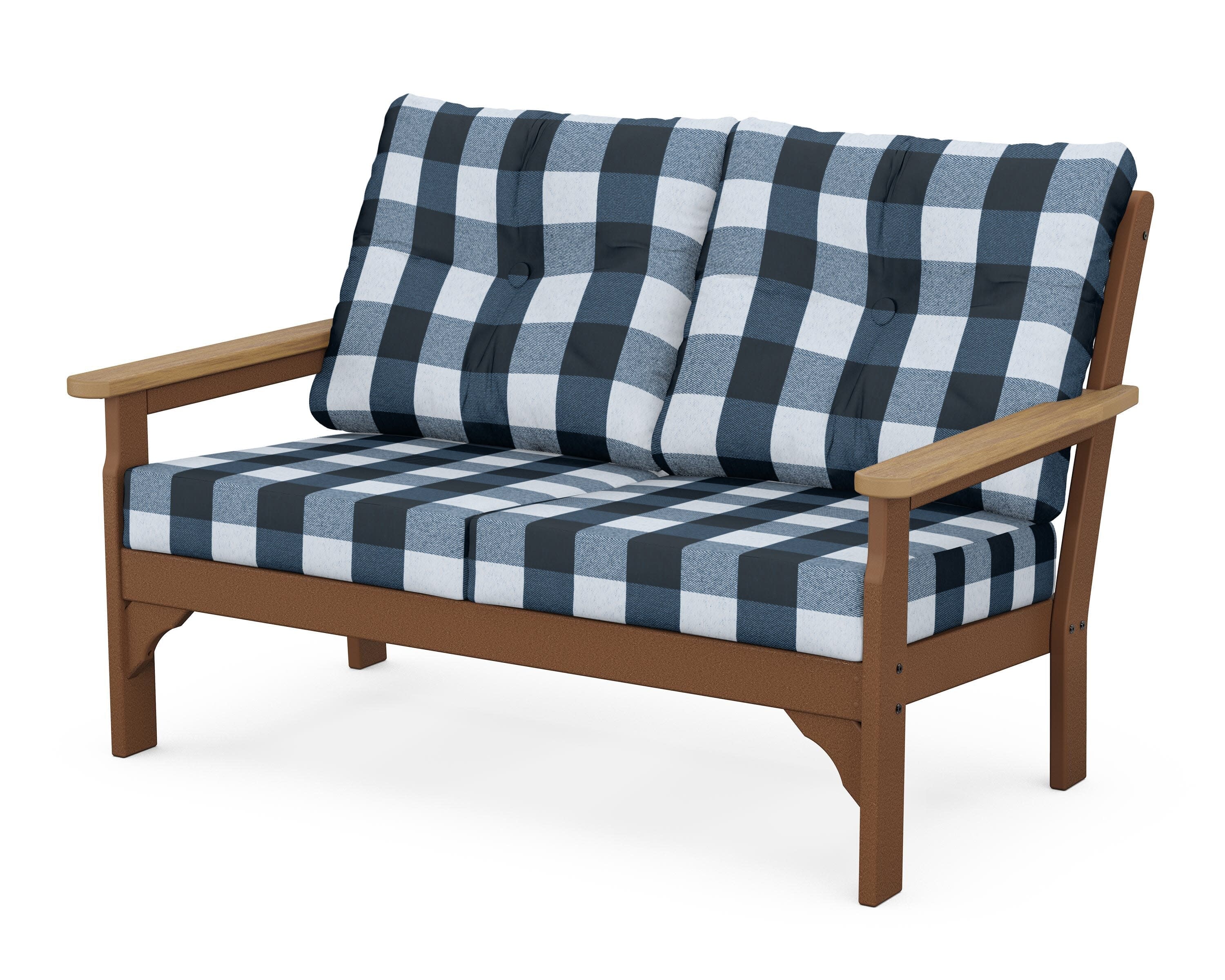 Vineyard Deep Seating Loveseat in Teak / Natural / Buffalo Plaid Marine Indigo