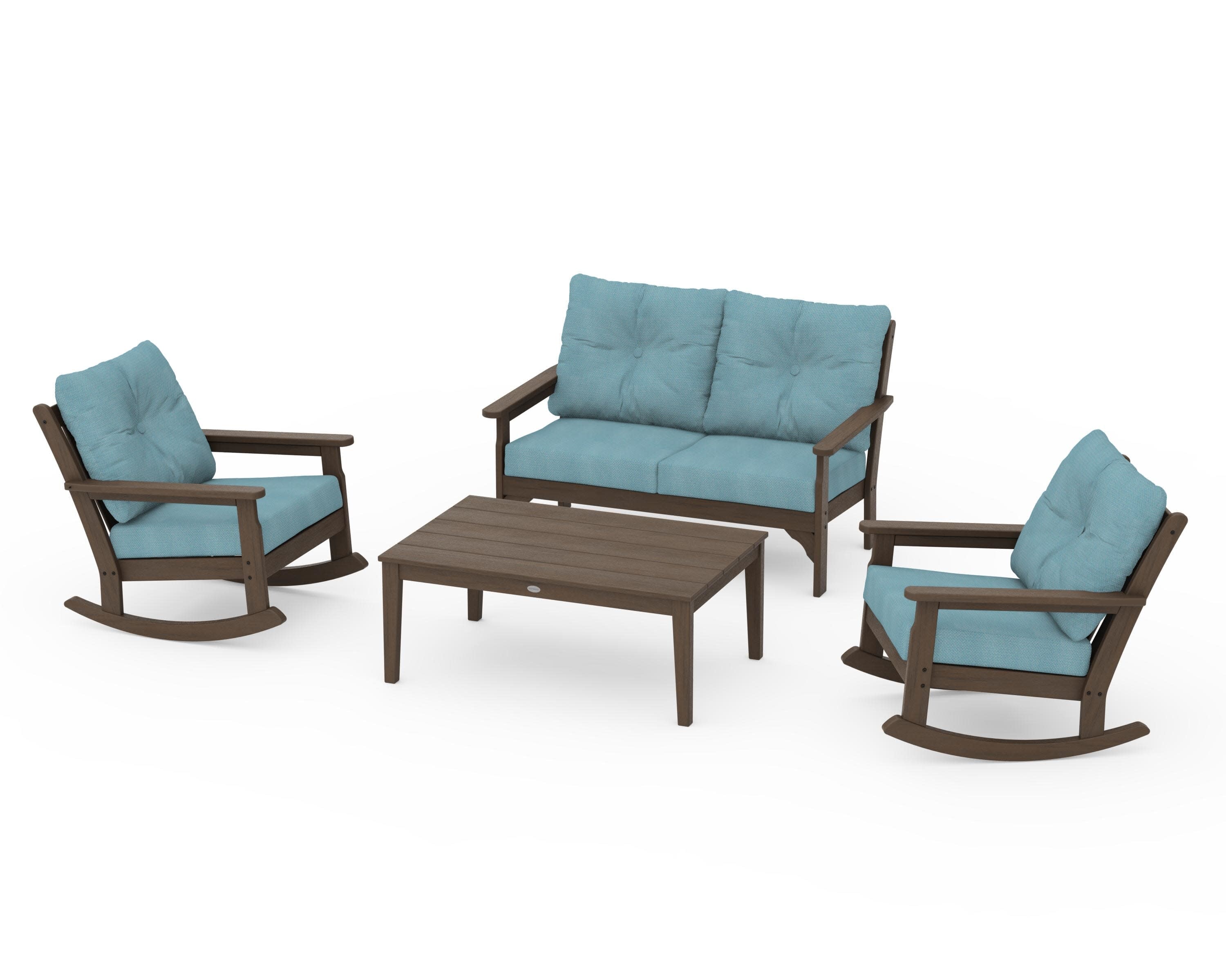 Vineyard 4-Piece Deep Seating Rocking Chair Set in Kona / Lattice Sky Blue