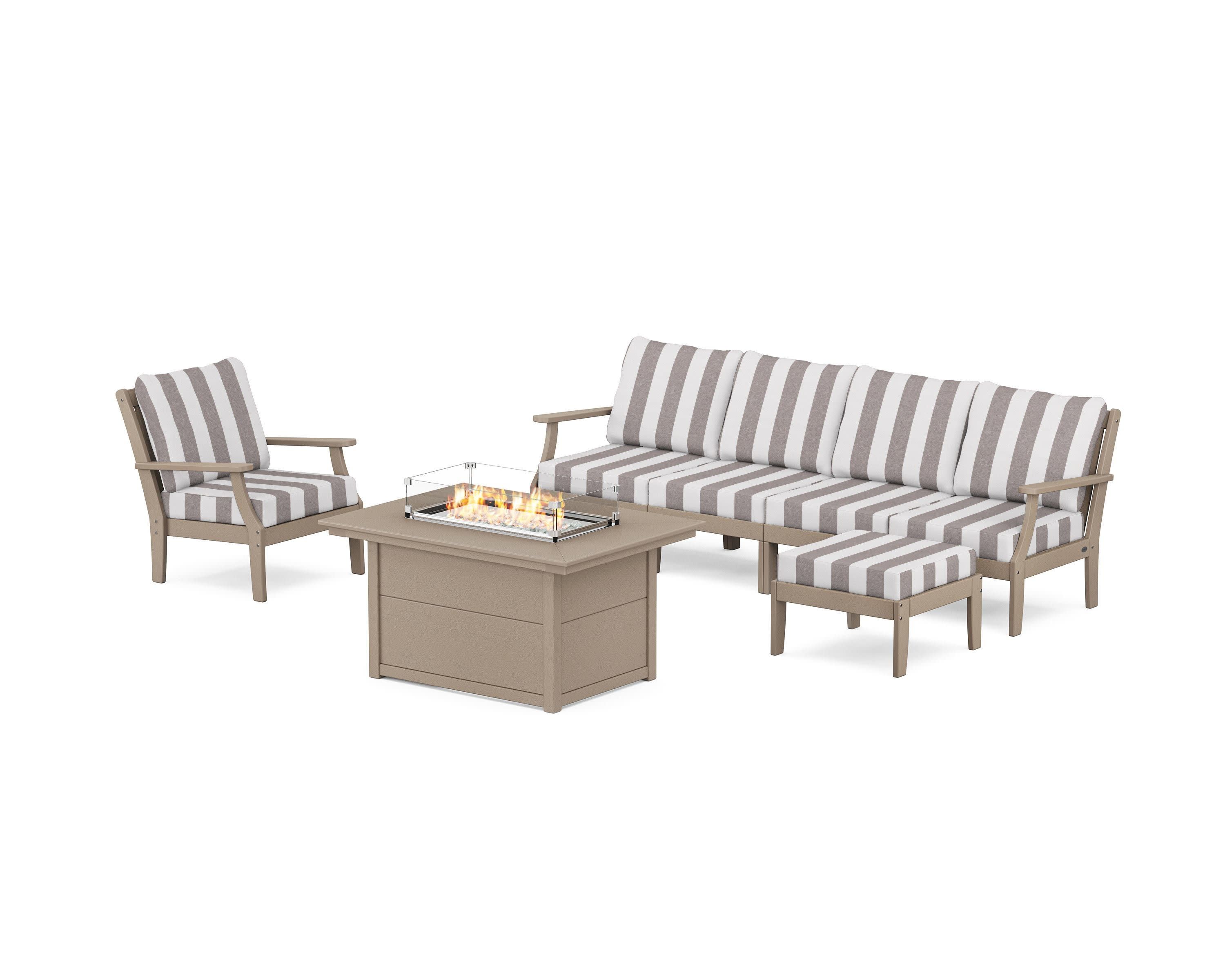 Braxton Sectional Lounge and Fire Pit Set in Vintage Sahara / Cabana Stripe Grey Mist