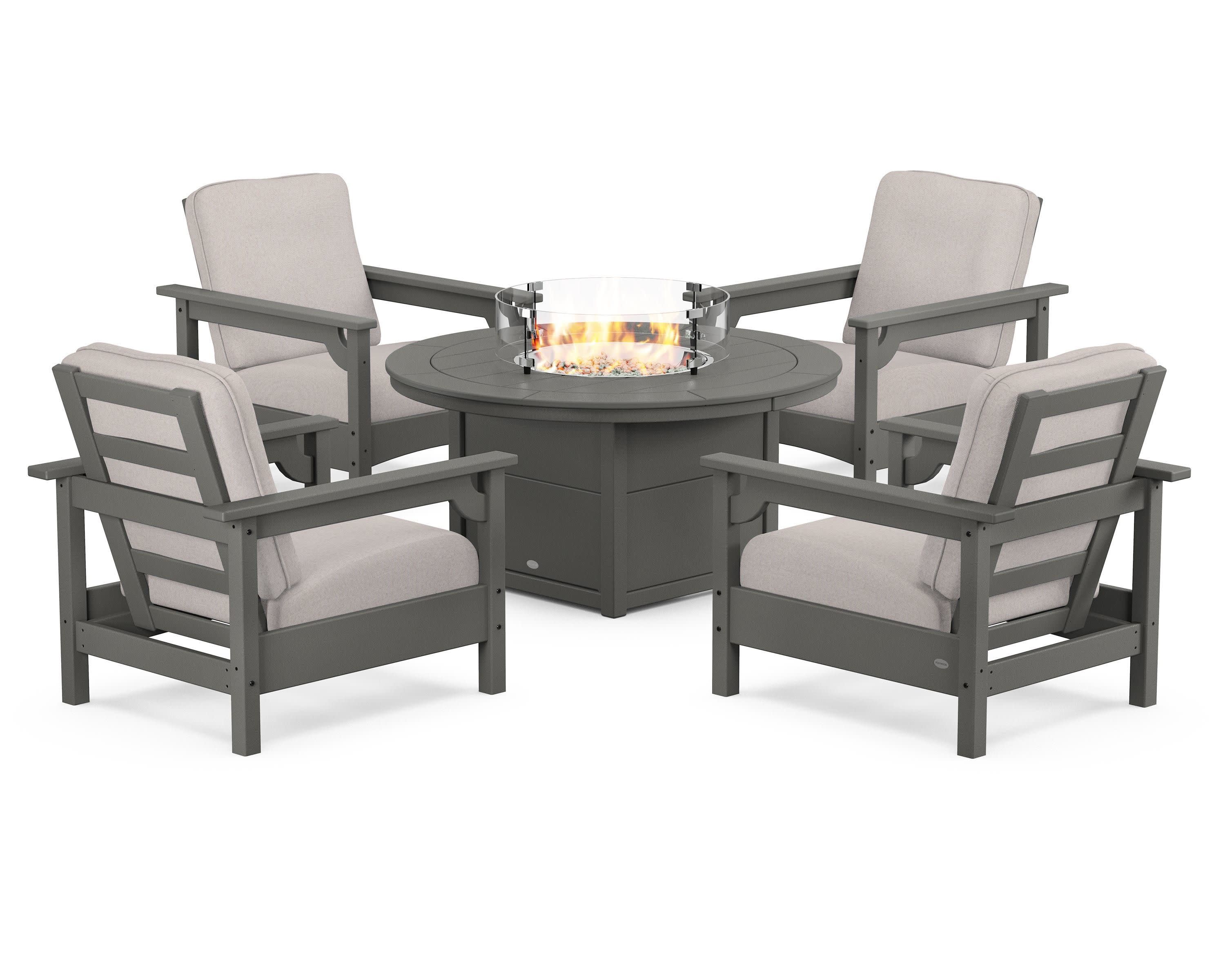 Club 5-Piece Conversation Set with Fire Pit Table in Slate Grey / Dune Burlap