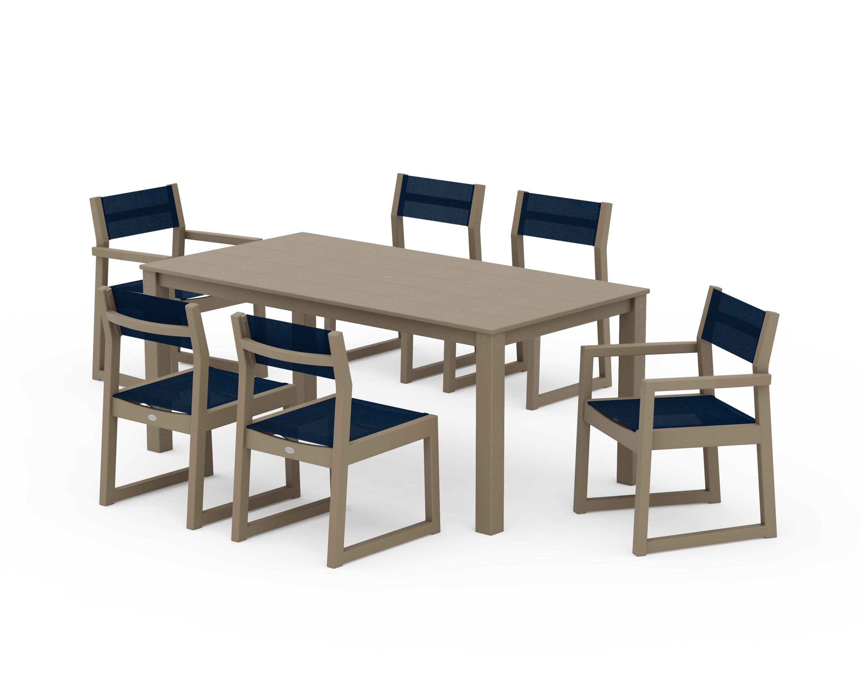 EDGE Sling 7-Piece Parsons Dining Set in Vintage Sahara / Navy Blue Sling