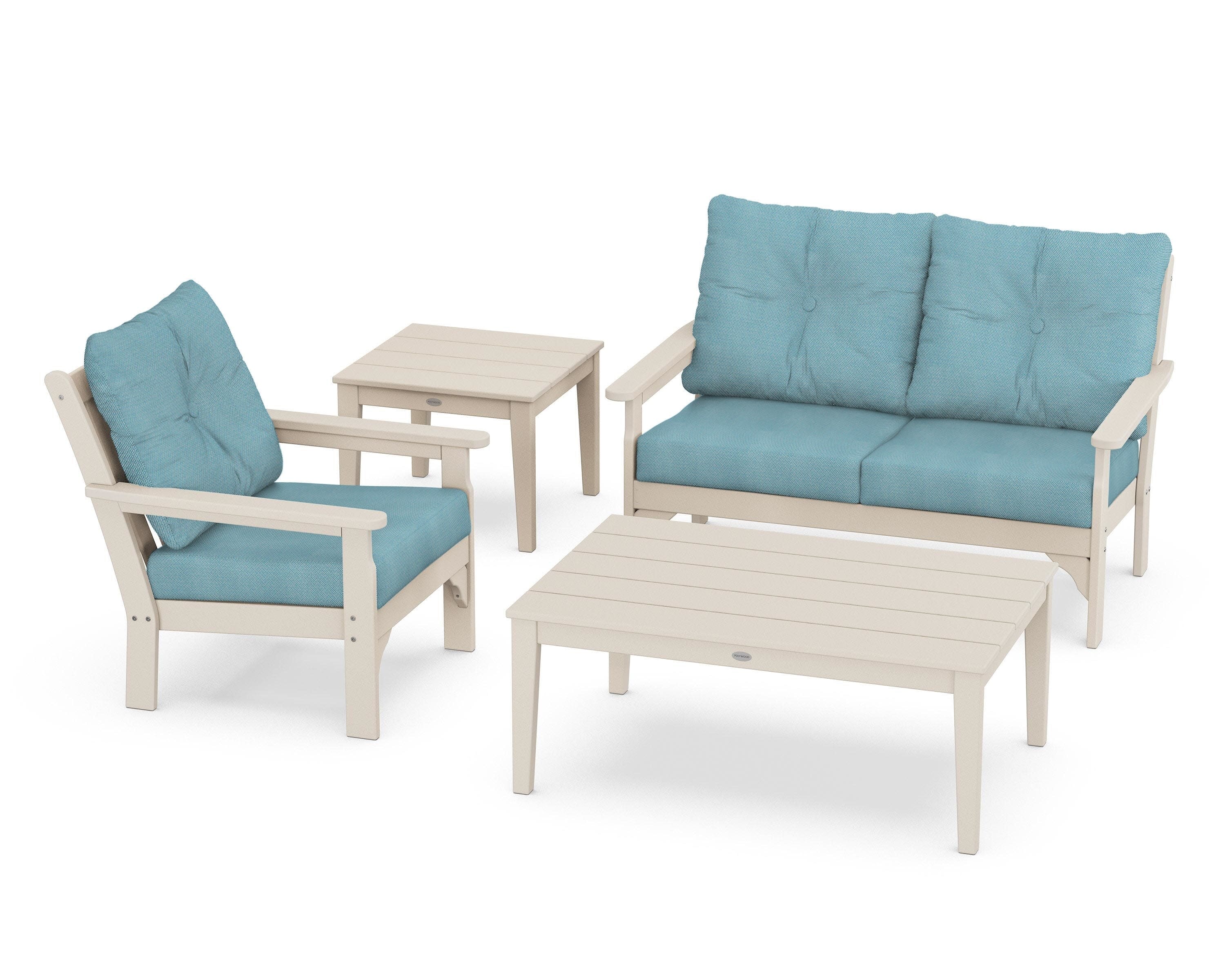 Vineyard 4-Piece Deep Seating Set in Sand / Lattice Sky Blue