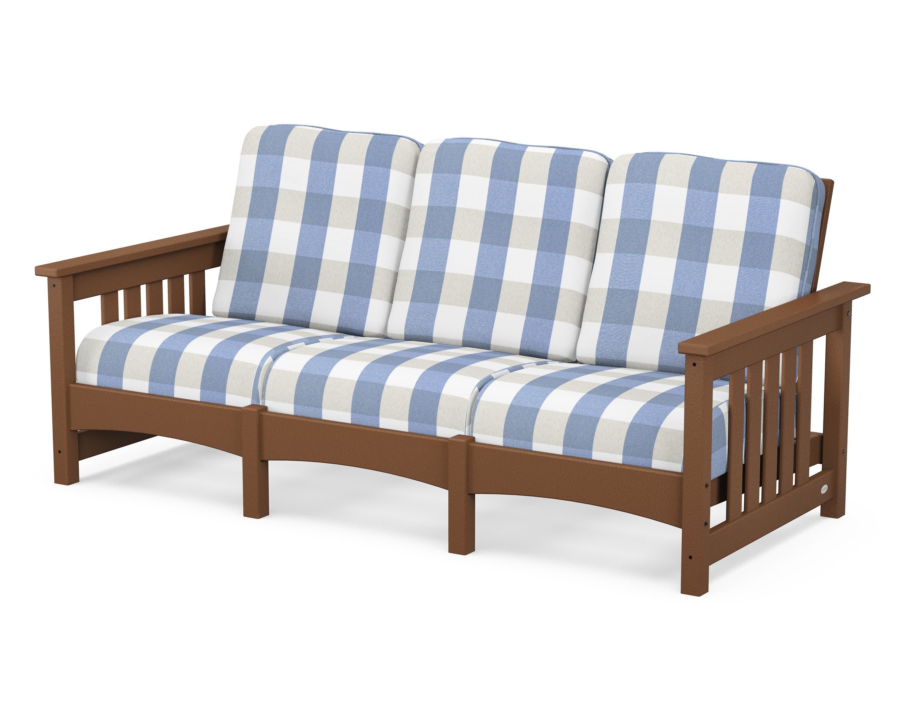 Club Mission Sofa in Teak / Buffalo Plaid Sky Blue