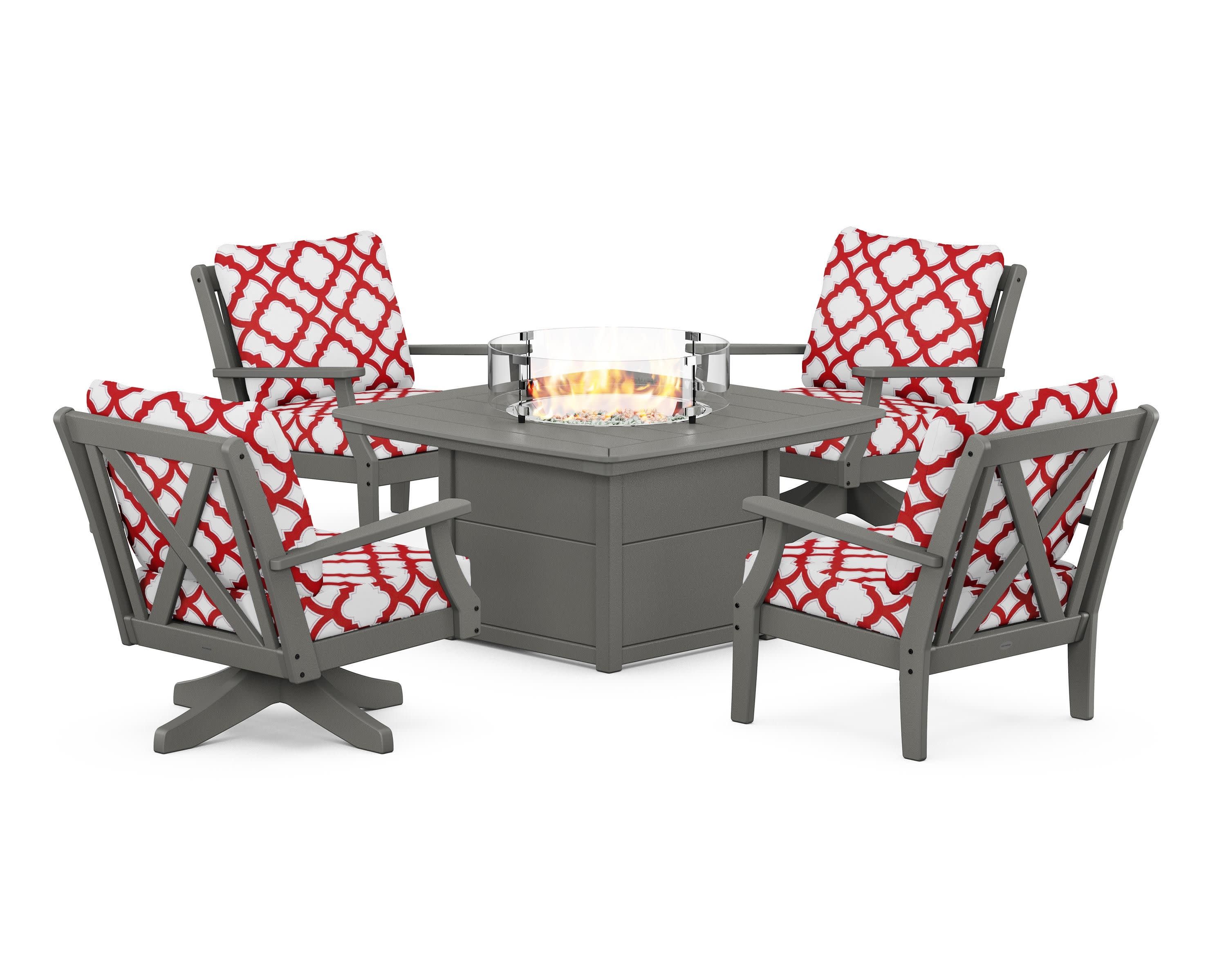 Braxton 5-Piece Deep Seating Set with Fire Table in Slate Grey / Trellis Crimson