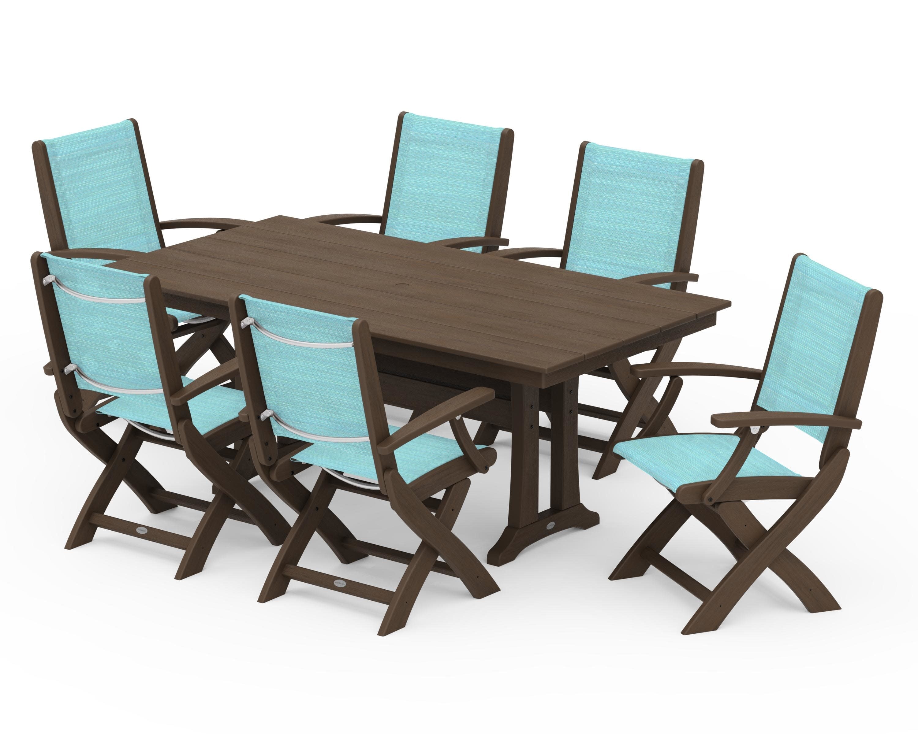 Coastal Folding Arm Chair 7-Piece Farmhouse Dining Set with Trestle Legs in Kona / Dupioni Aquamarine Sling
