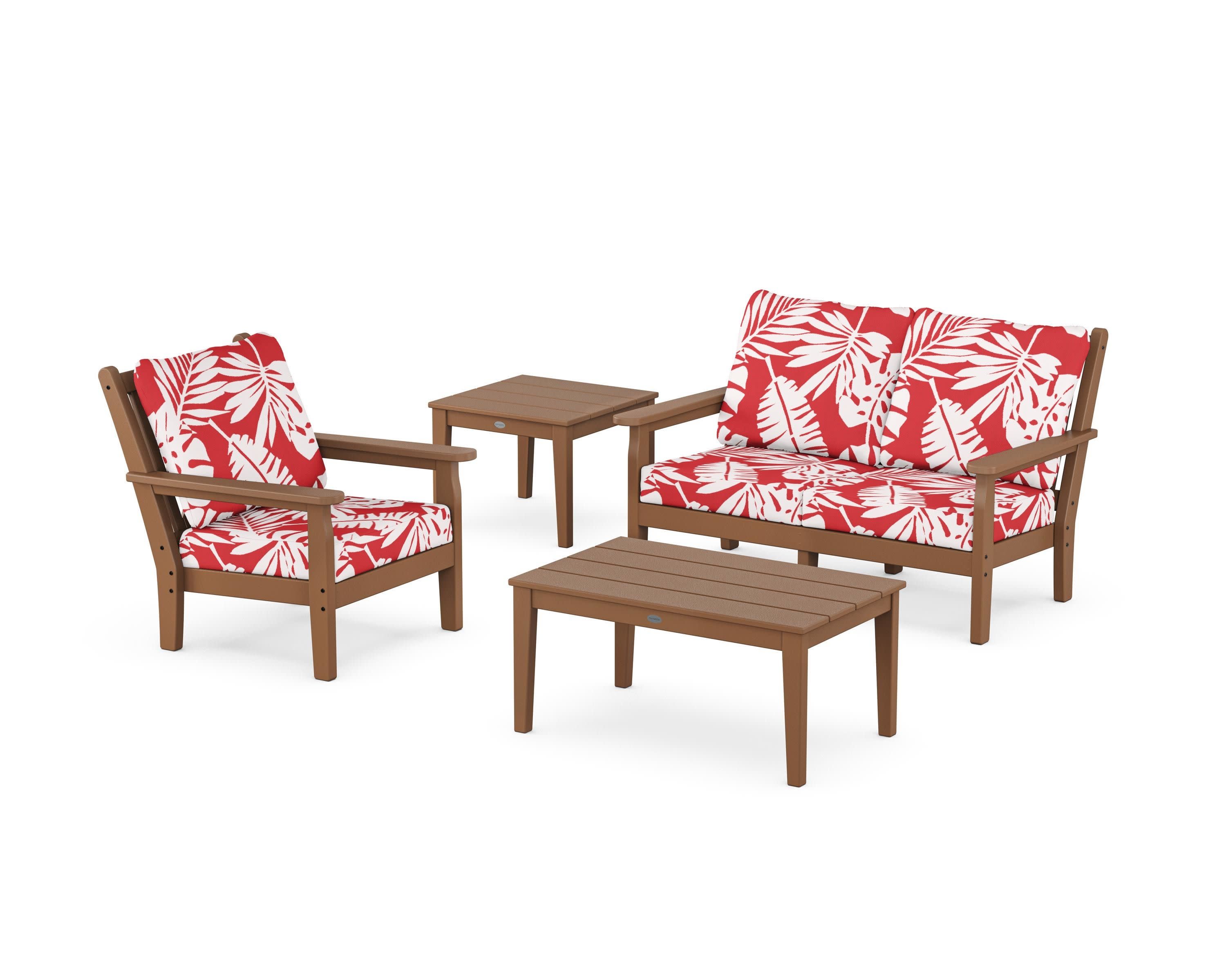 Chippendale 4-Piece Deep Seating Set in Teak / Leaf Crimson