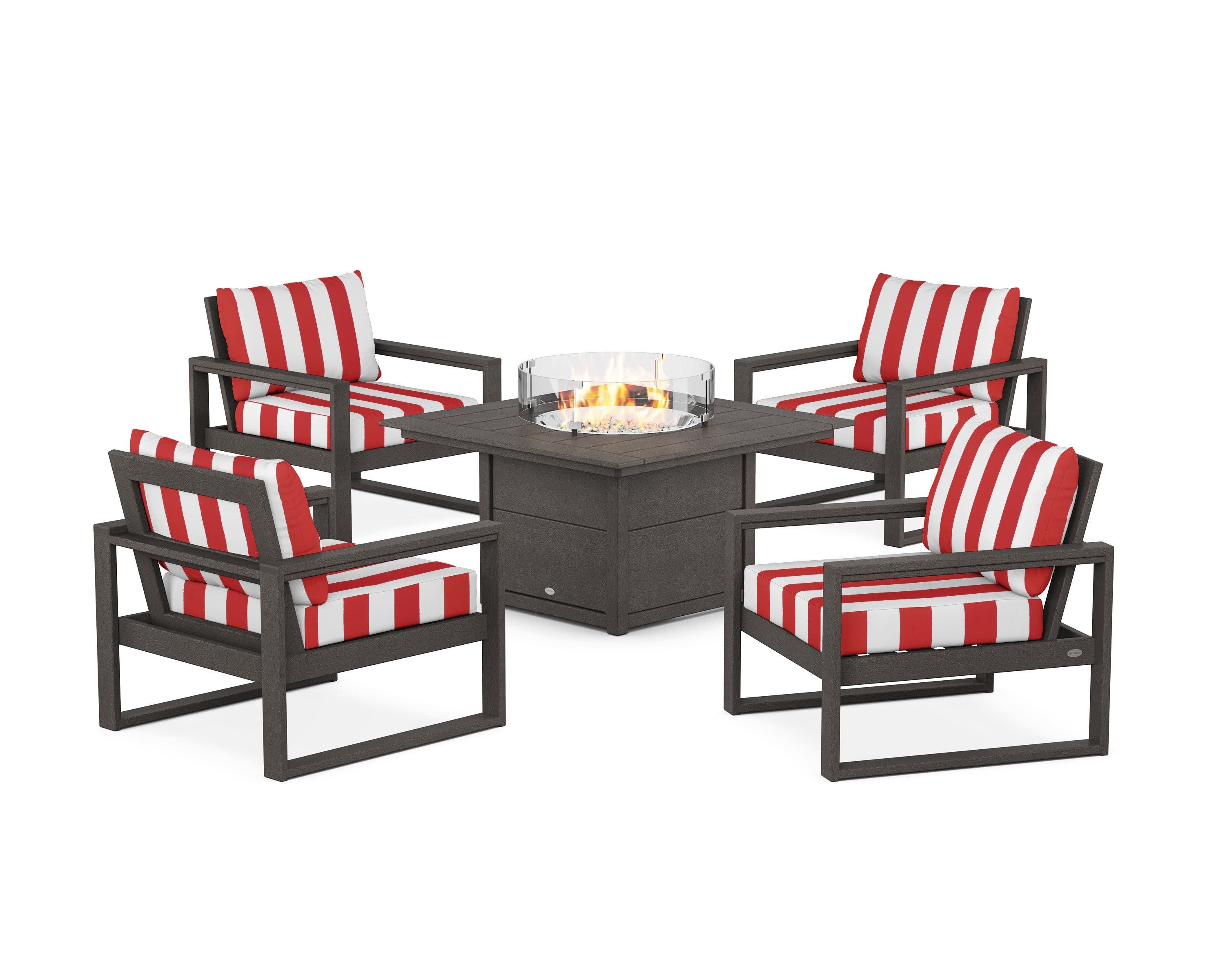 EDGE Sectional 5-Piece Deep Seating Set with Fire Pit Table in Vintage Coffee / Cabana Stripe Crimson