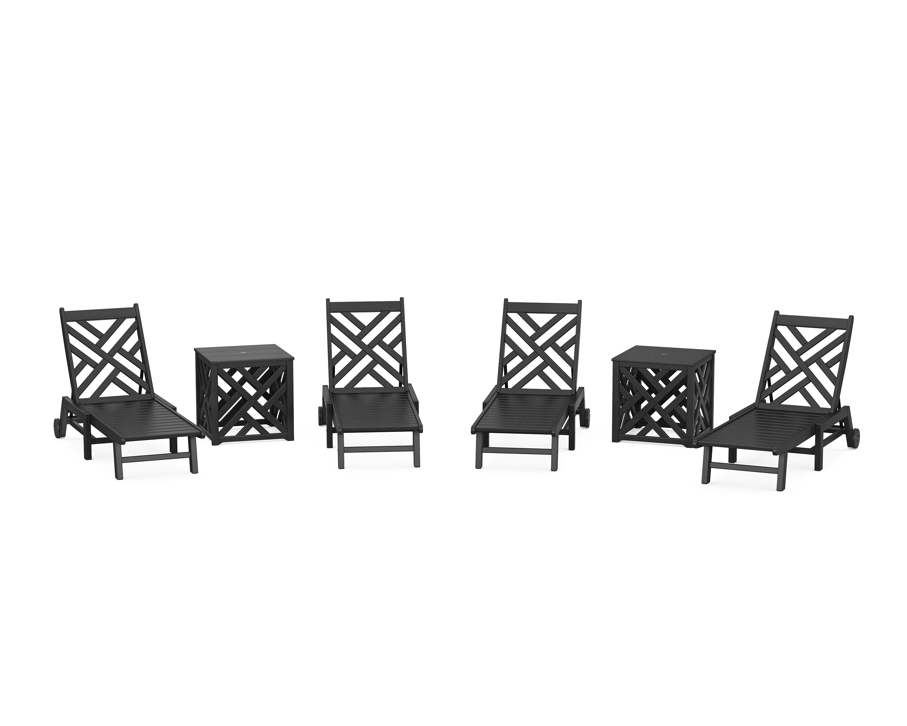 Chippendale 6-Piece Chaise Set with Wheels and Umbrella Stand Accent Table in Black
