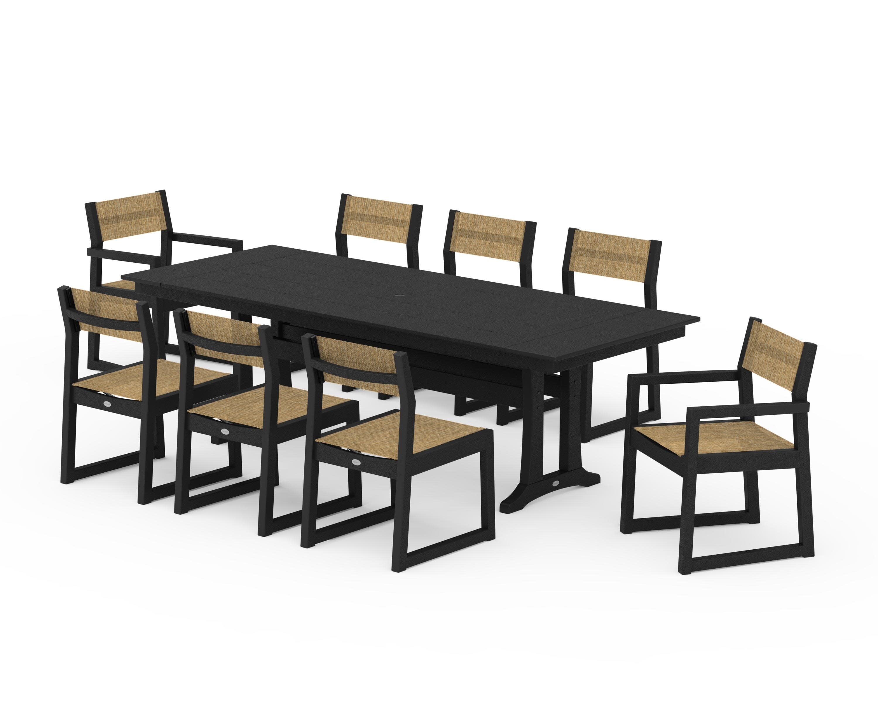 EDGE Sling 9-Piece Farmhouse Trestle Dining Set in Black / Burlap Sling