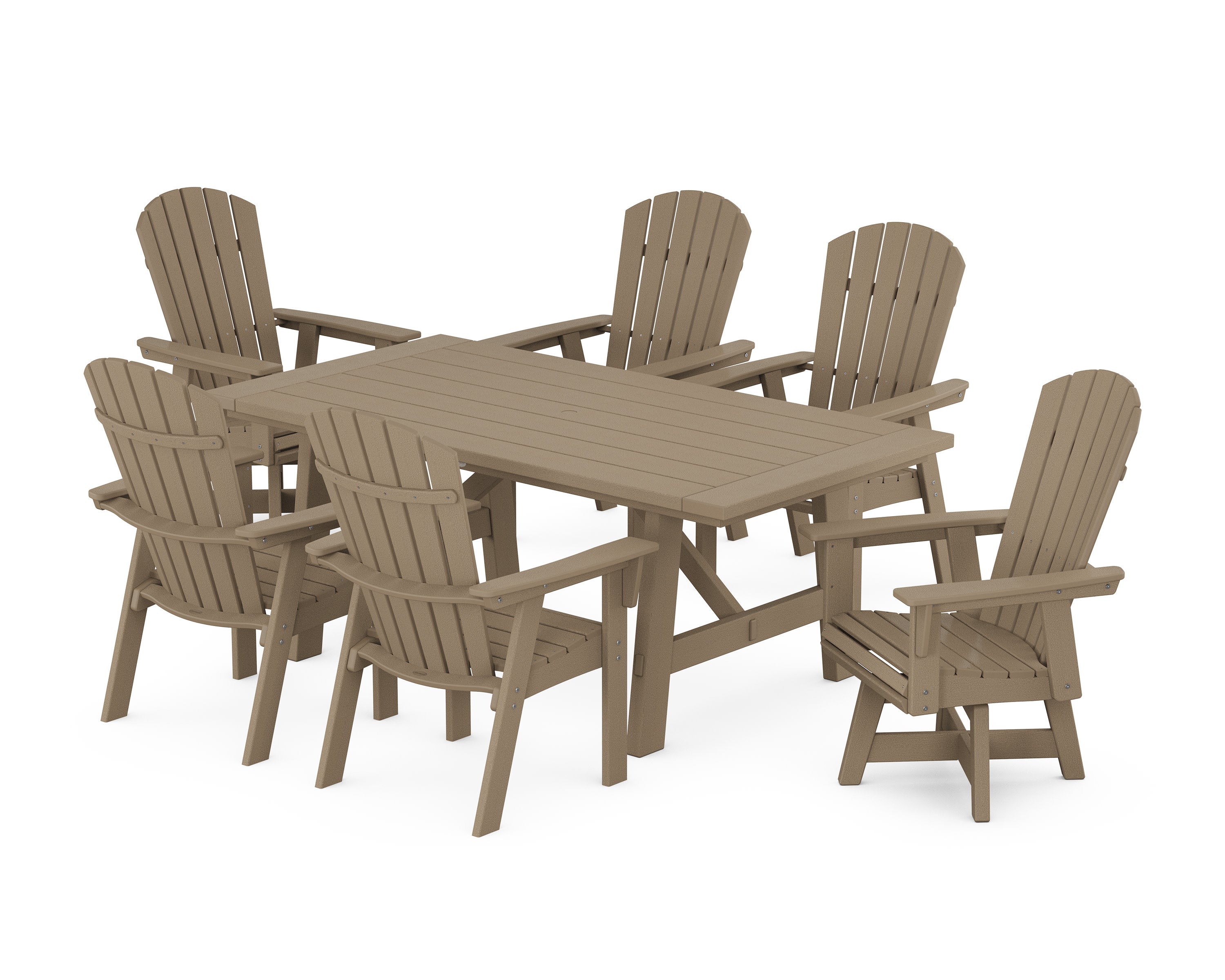 Nautical Curveback Adirondack Swivel Chair 7-Piece Rustic Farmhouse Dining Set in Vintage Sahara