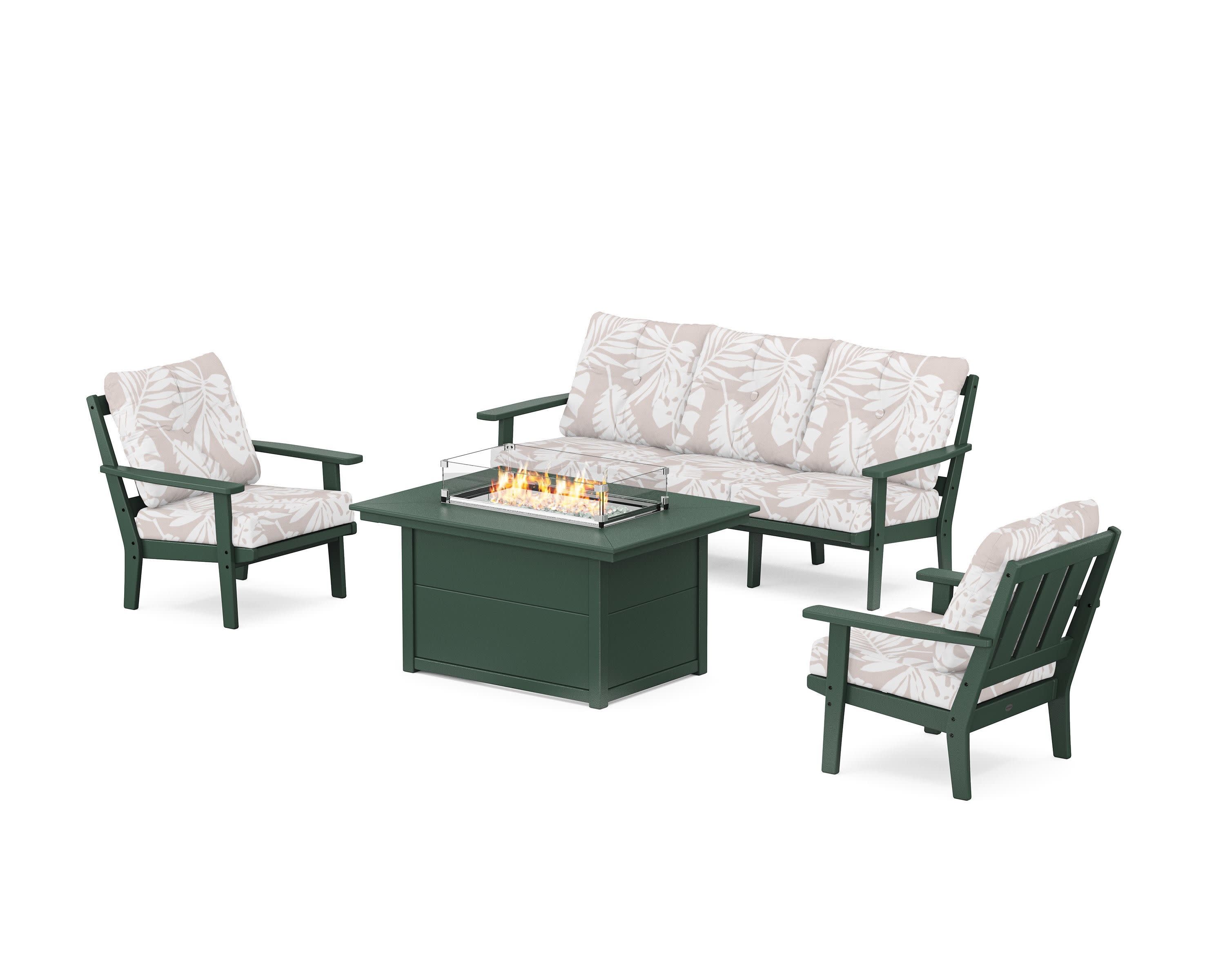 Oxford Deep Seating Fire Pit Table Set in Green / Leaf Dune Burlap