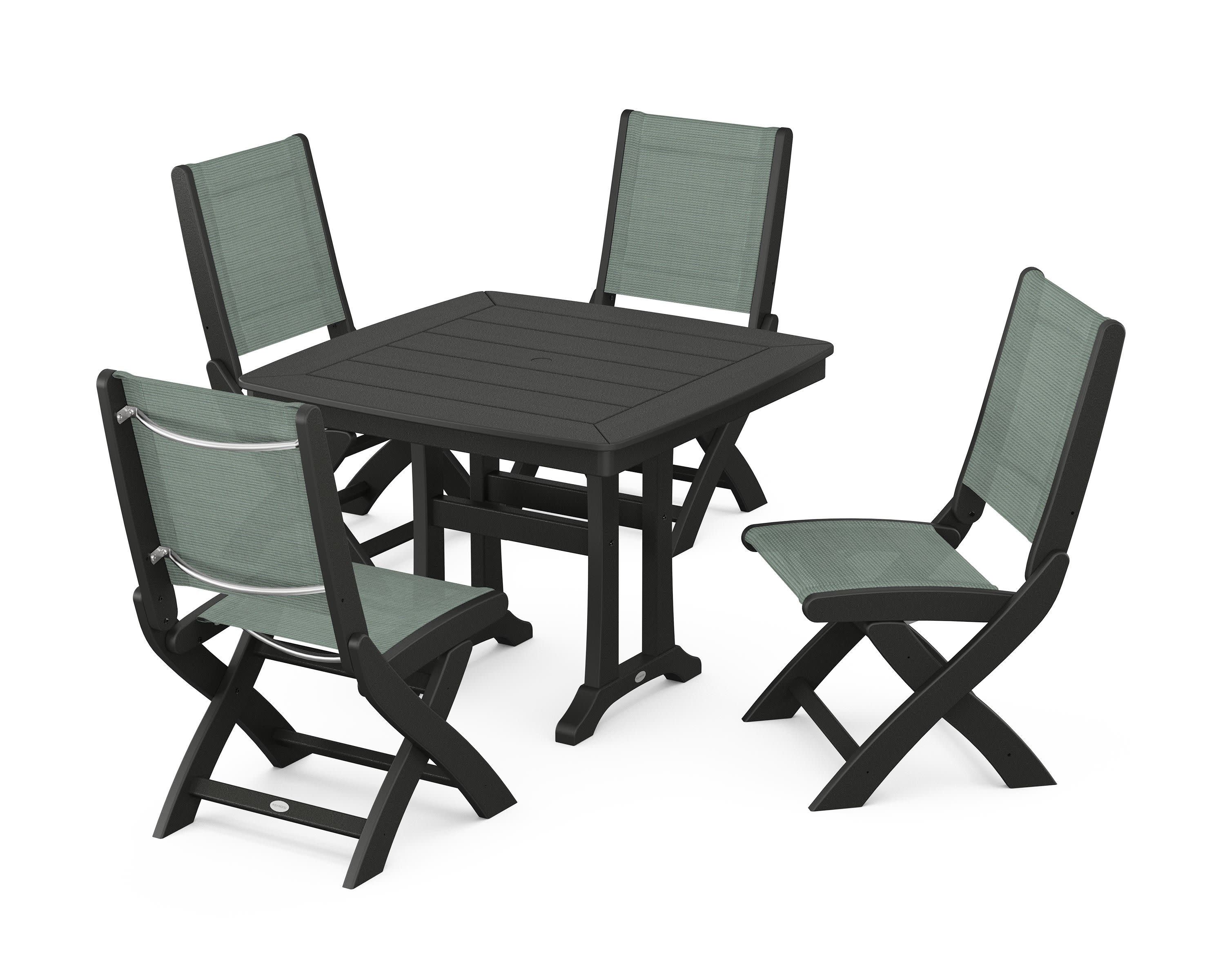Coastal Folding Side Chair 5-Piece Dining Set with Trestle Legs in Black / Dupioni Sea Mist Sling